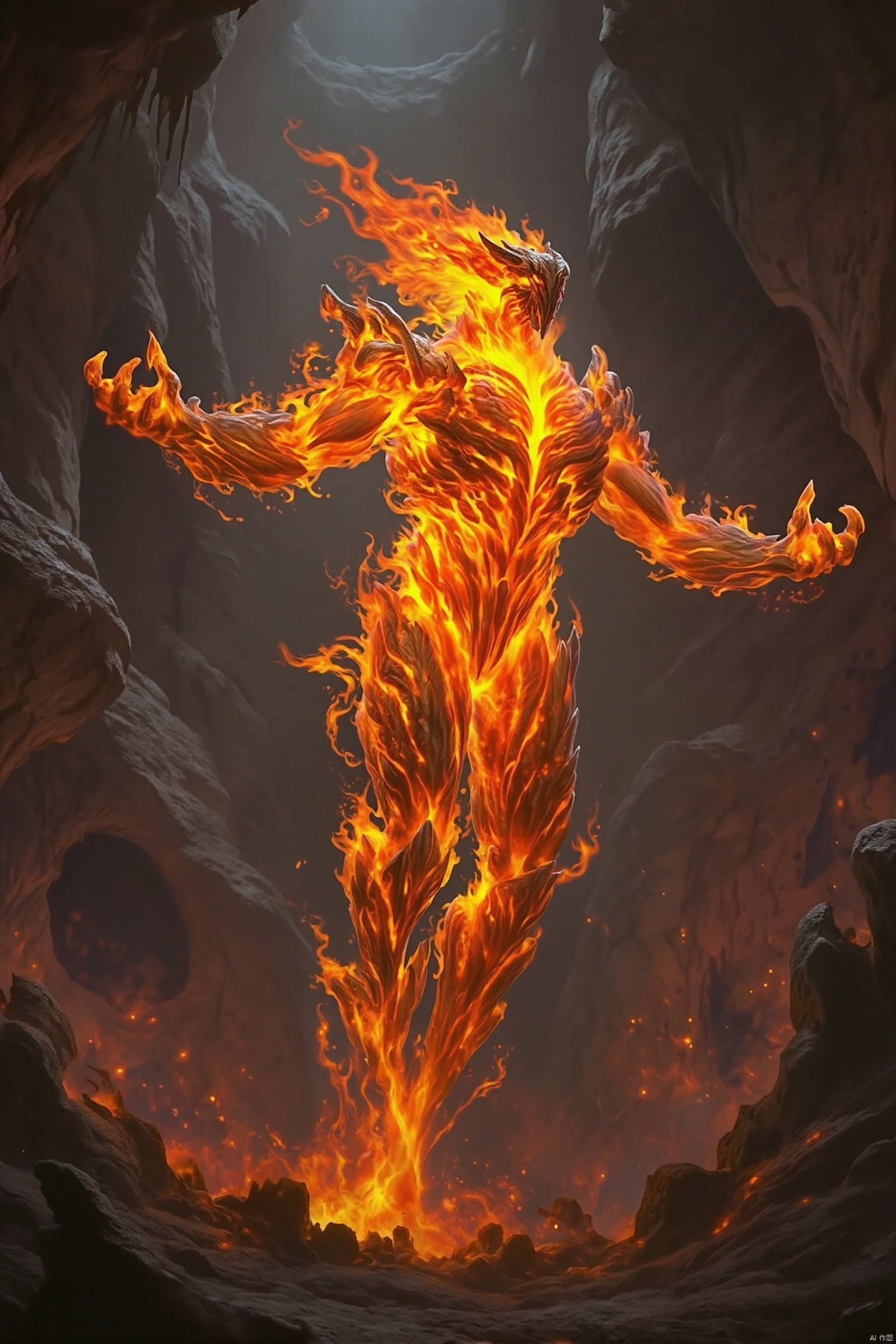 A dynamic, full-body shot of a humanoid flame monster, its form a mesmerizing dance of fiery tendrils and glowing embers. The monster stands in a powerful pose, with arms outstretched and legs firmly planted, as if summoning its fiery might. The background is a dark, cavernous environment, with the monster's fiery presence casting a dramatic, flickering light. The composition captures the monster's imposing stature and the intricate details of its flame-like body. The lighting is high contrast, with the bright flames sharply contrasted against the dark surroundings, creating a sense of awe and danger.