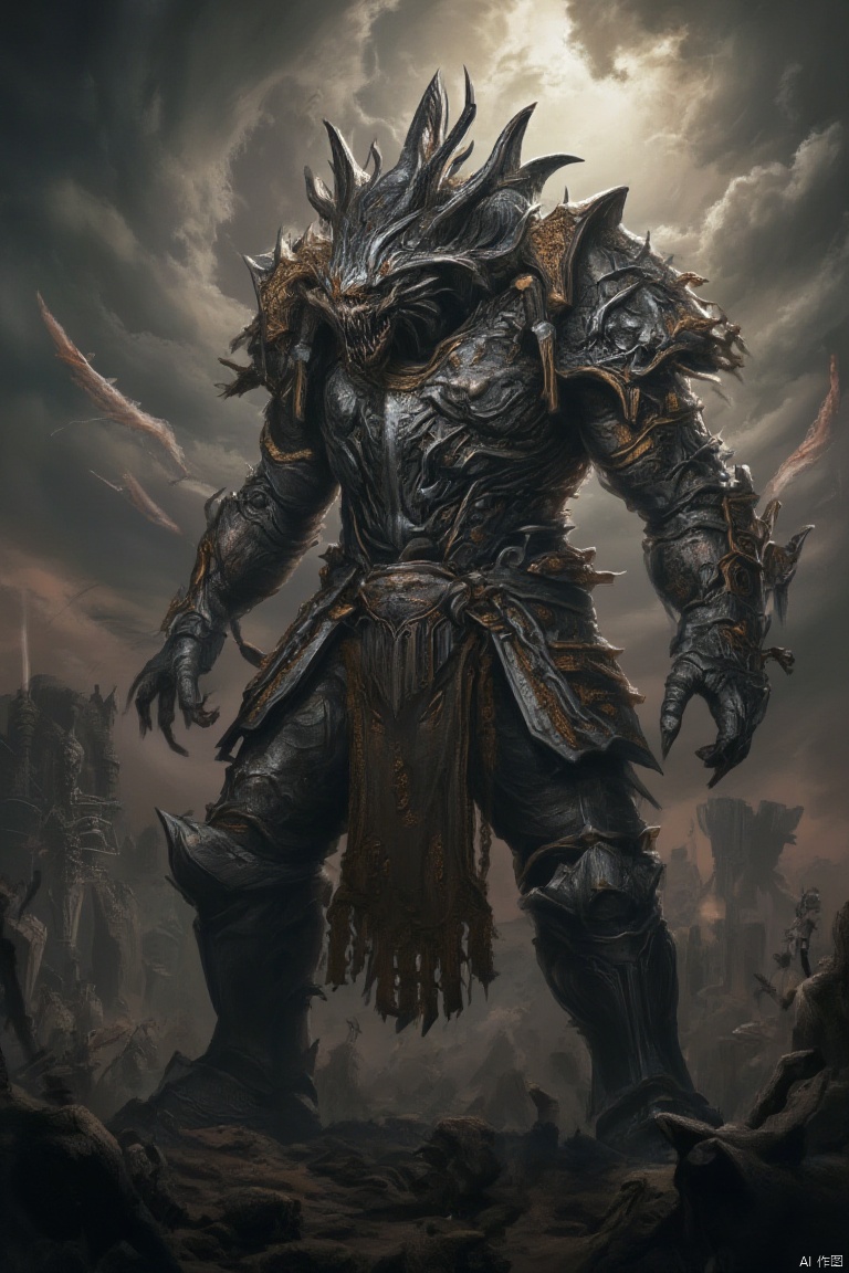 A formidable, full-body shot of a BOSSGUI-themed armored monster, its form encased in a suit of ancient, ornate armor. The creature stands with its head lowered and arms crossed, exuding an aura of ancient power and menace. The background is a dark, ancient battlefield, with remnants of fallen warriors and a sky filled with swirling, ominous clouds. The composition is centered on the monster, with a dynamic pose that captures its imposing presence and the intricate details of its armor and weapons. The lighting is dramatic, with the battlefield casting a contrasting light that highlights the monster's features and the foreboding atmosphere of the scene, creating a sense of dread and anticipation for the epic confrontation.