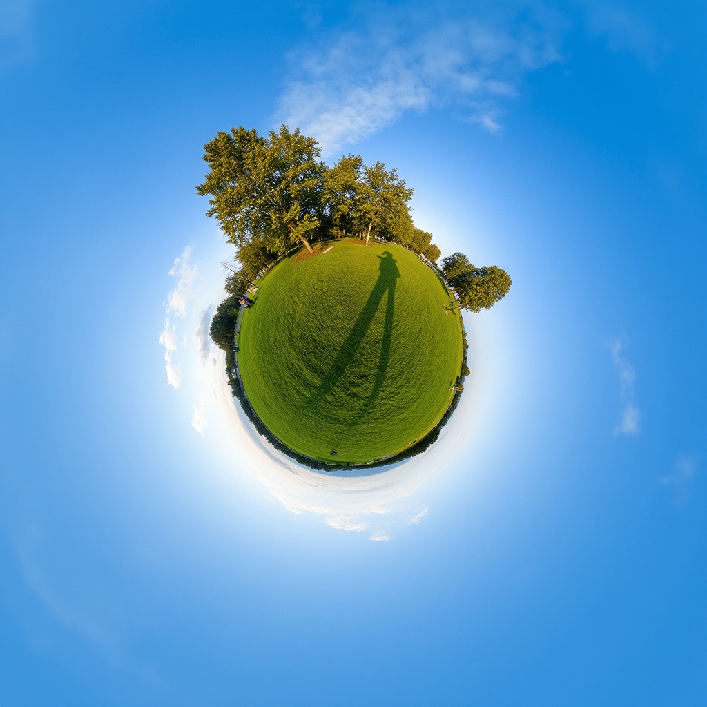 A serene park scene at dawn: a lush green lawn stretches towards a vast blue sky,  with wispy clouds drifting lazily acros...