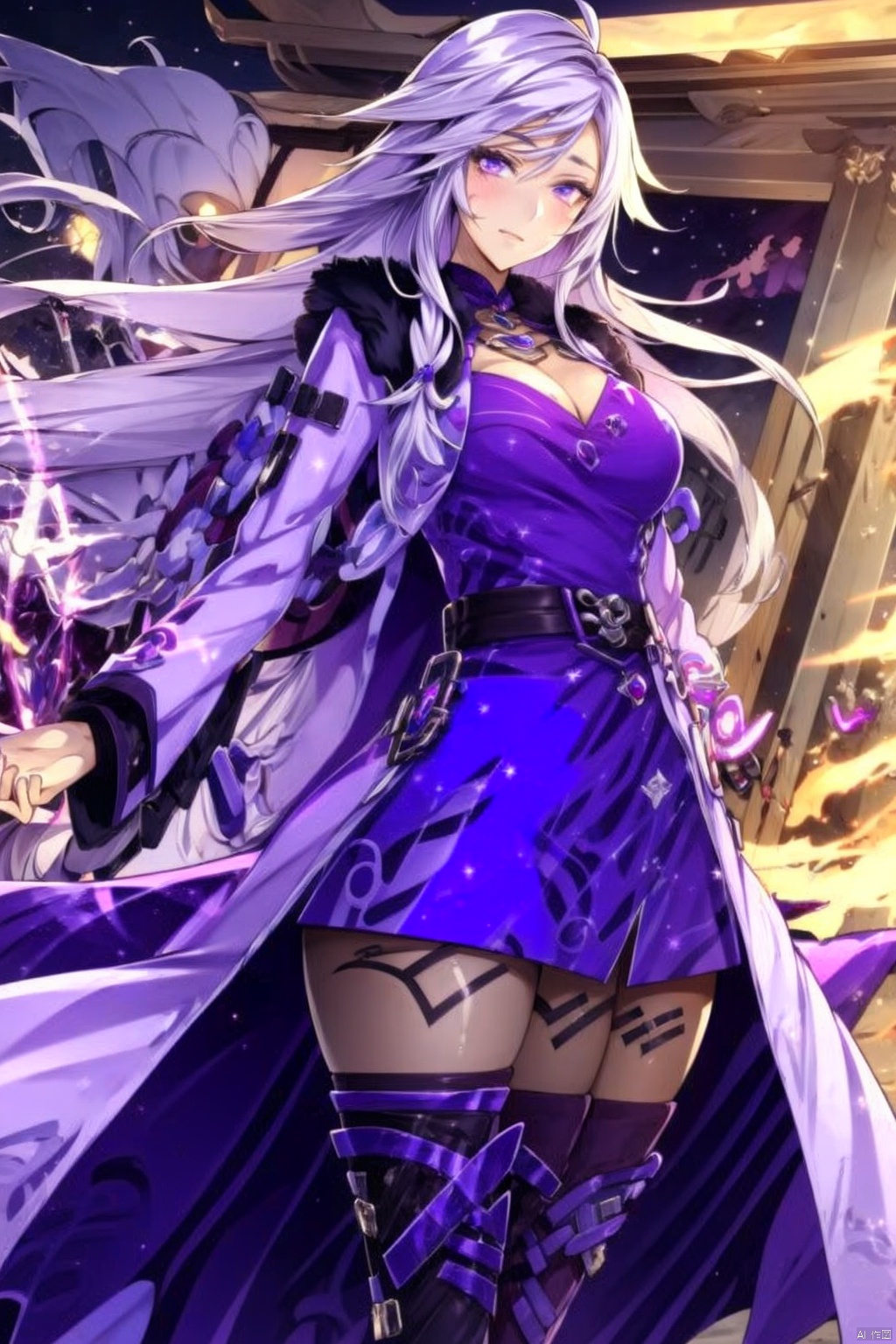 1girl solo long hair breasts looking at viewer thighhighs long sleeves dress cleavage jewelry medium breasts very long hair purple eyes white hair pantyhose boots belt bracelet zettai ryouiki coat fur trim thigh boots facial mark short dress purple dress circlet magic