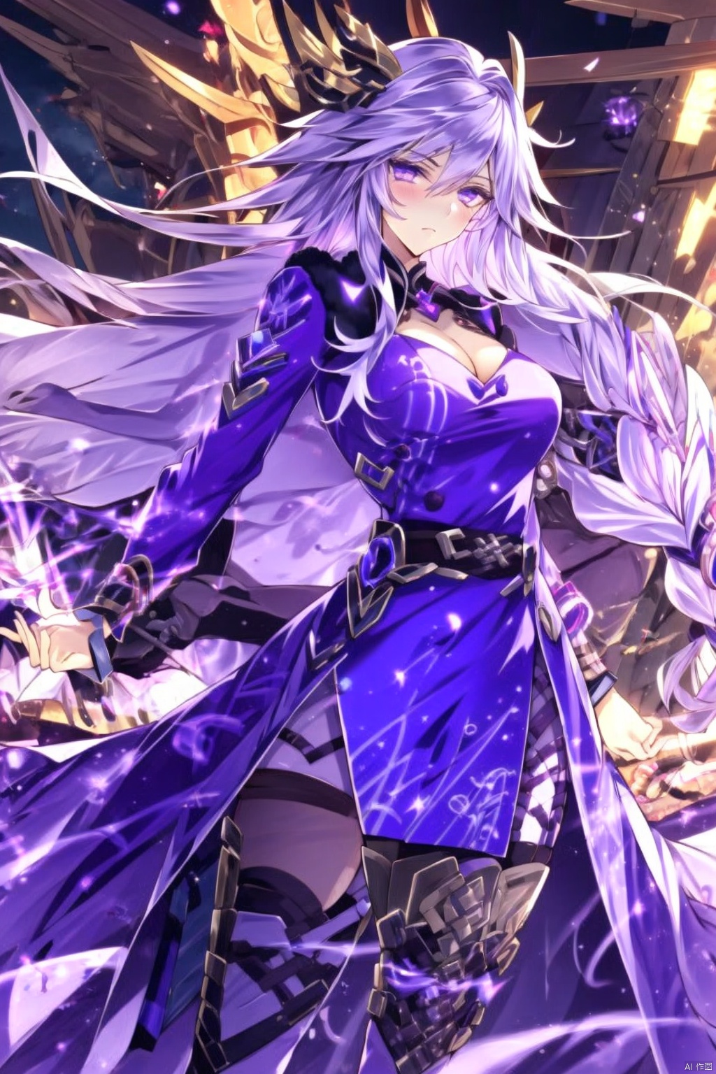 1girl solo long hair breasts looking at viewer thighhighs long sleeves dress cleavage jewelry medium breasts very long hair purple eyes white hair pantyhose boots belt bracelet zettai ryouiki coat fur trim thigh boots facial mark short dress purple dress circlet magic