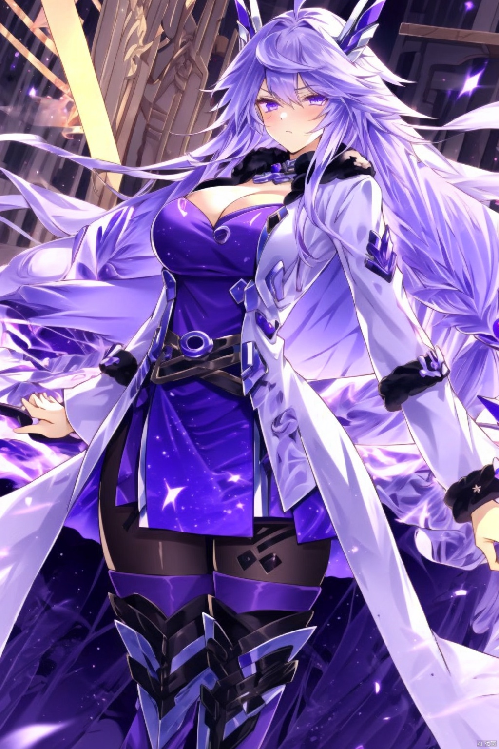 1girl solo long hair breasts looking at viewer thighhighs long sleeves dress cleavage jewelry medium breasts very long hair purple eyes white hair pantyhose boots belt bracelet zettai ryouiki coat fur trim thigh boots facial mark short dress purple dress circlet magic