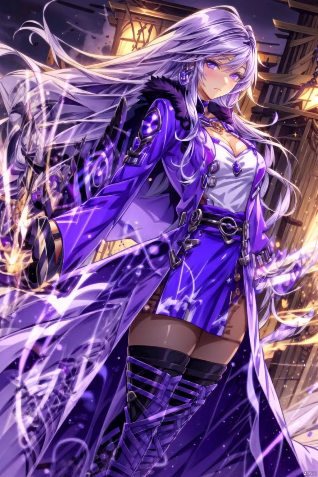 1girl solo long hair breasts looking at viewer thighhighs long sleeves dress cleavage jewelry medium breasts very long hair purple eyes white hair pantyhose boots belt bracelet zettai ryouiki coat fur trim thigh boots facial mark short dress purple dress circlet magic