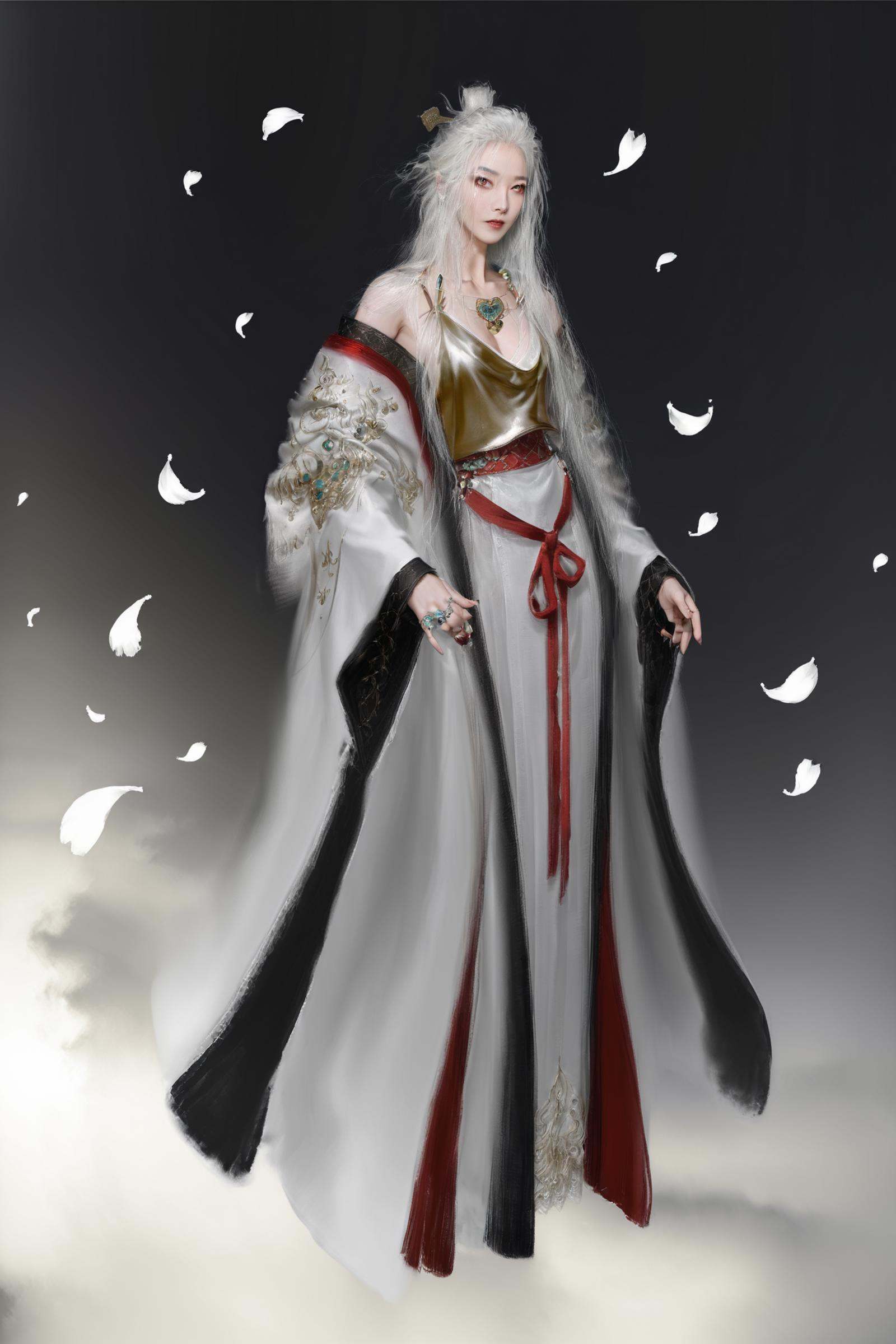 8k, best quality, masterpiece, (ultra-detailed), (high detailed skin), vivid color, realistic, looking at viewer, (solo:1.3), <lora:tieshan-atw-Tanger:0.8>, tieshan, default clothes, white hanfu, single hair bun, 1girl, jewelry, necklace, white hair, long hair, white background, petals flying, standing, full  body, looking at viewer, close-up, dynamic angle, cleavage, 