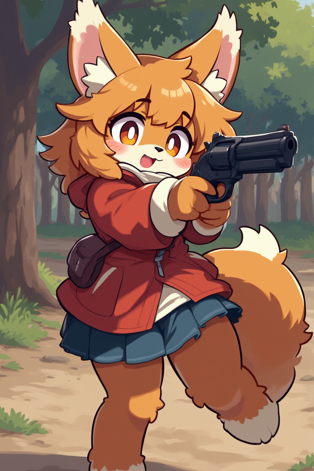 A furry girl is at the shooting range and she is holding a Revolver,  anime style,  child body on Tensor.Art