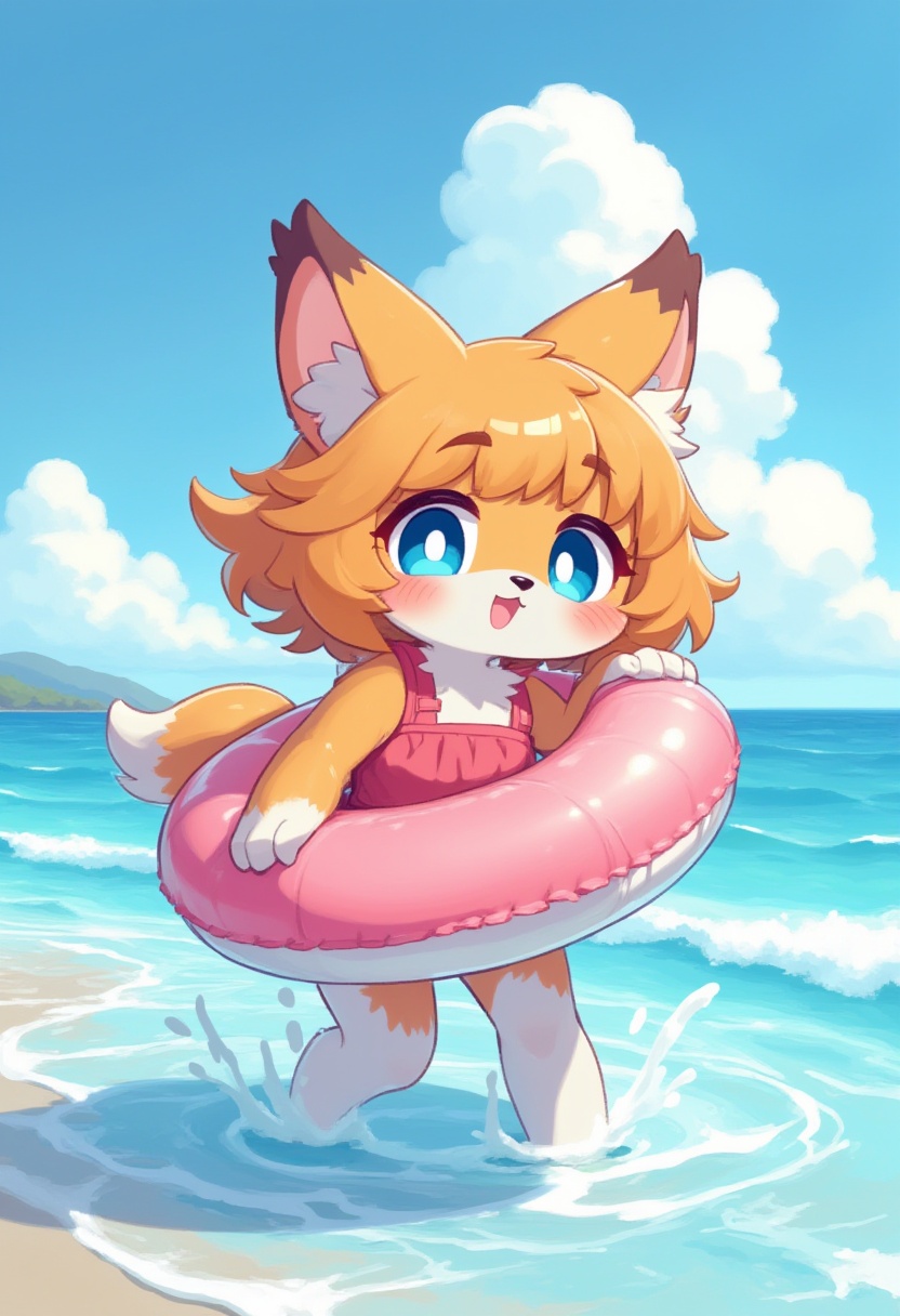 A furry little girl holding a swimming ring and playing in the water at the beach,  concept art,  anime style on Tensor.Art