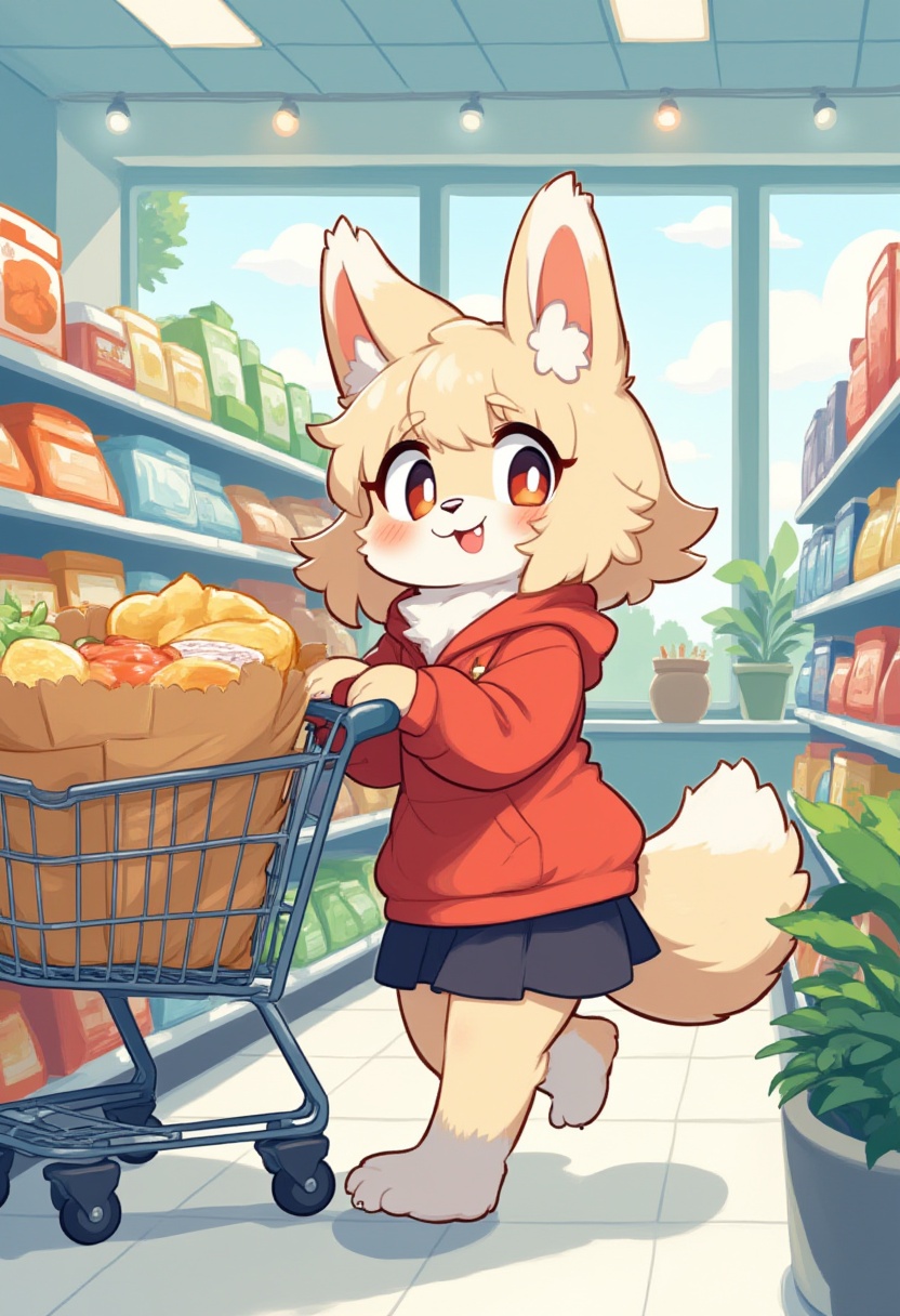 An anime furry girl choosing products in a store,  pushing a cart,  Picture book style on Tensor.Art