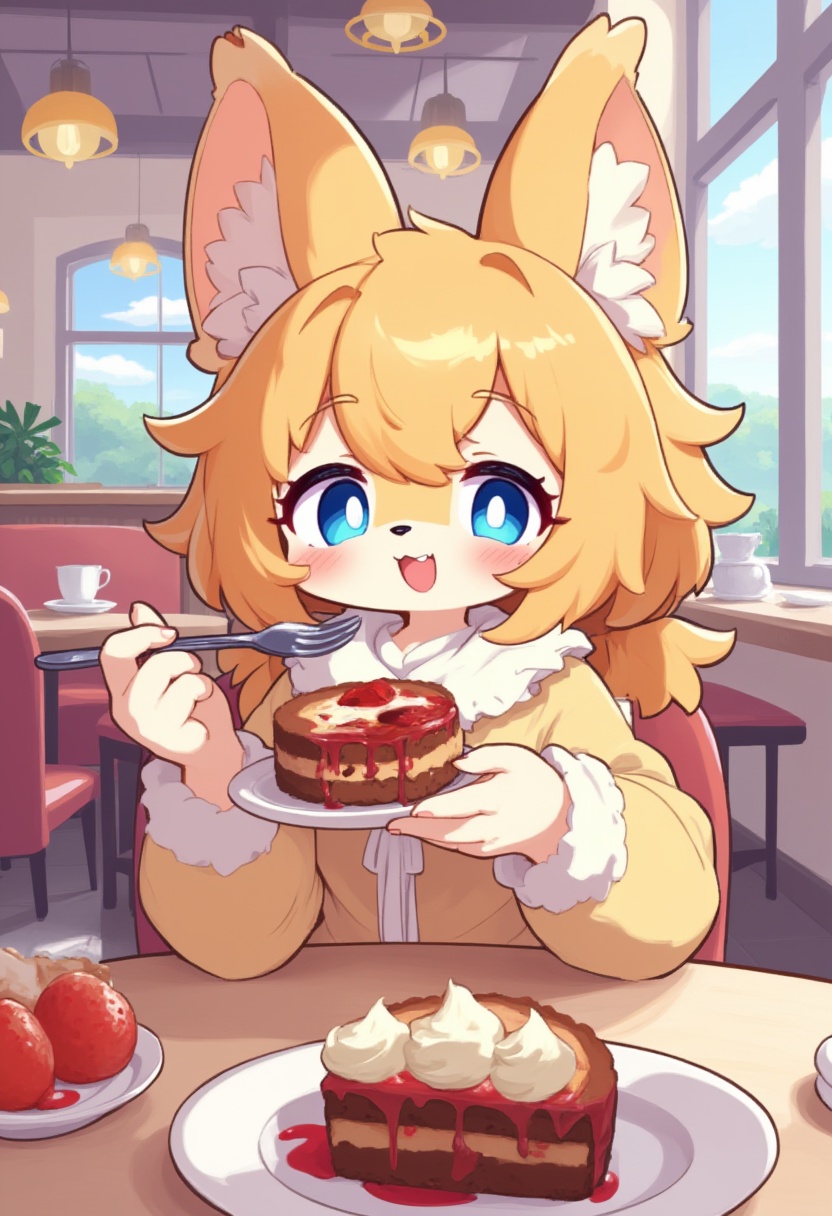 A anime furry girl eating her cake with a fork while sitting on a chair with a beautiful cafe in the background on Tensor.Art