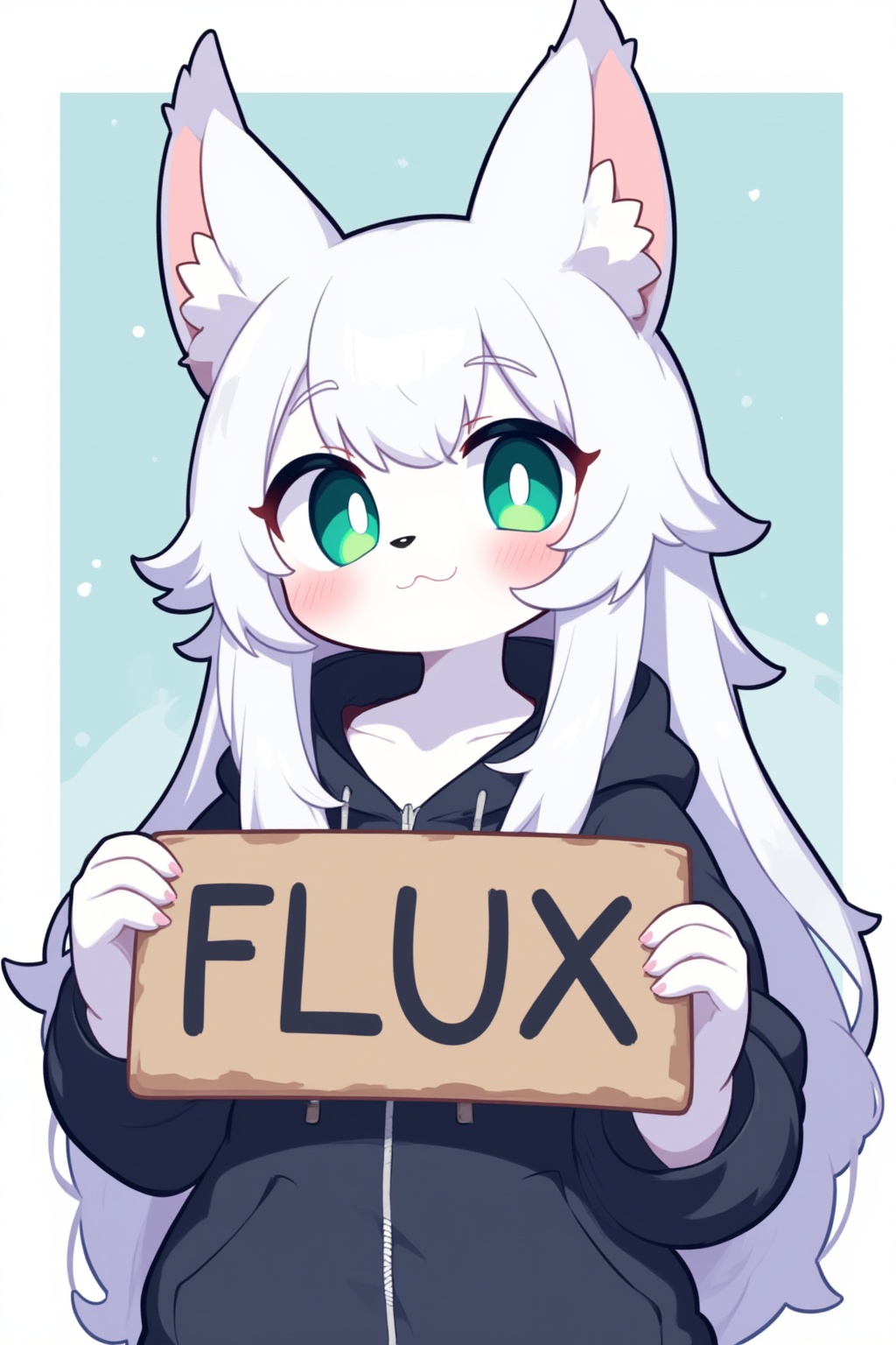A cute wolf girl with long snow-white hair,  holding a sign in her hand that says FLUX,  green eyes on Tensor.Art