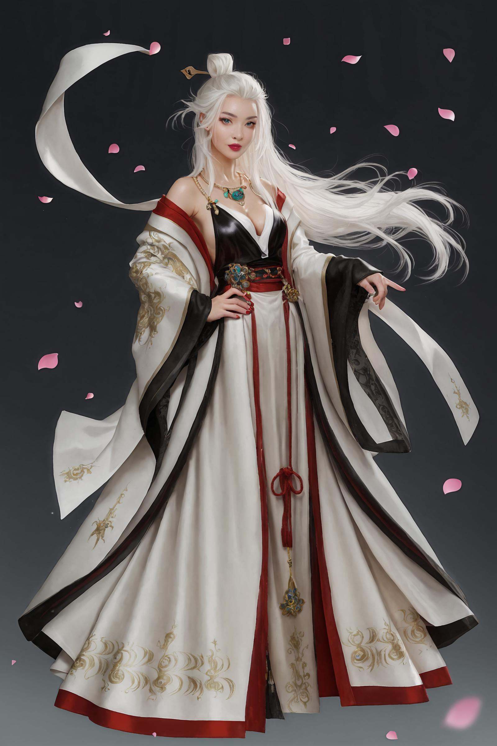 score_9, score_8_up, score_7_up, 8k, best quality, masterpiece, (ultra-detailed), (high detailed skin), vivid color, realistic, looking at viewer, (solo:1.3), full body, looking at viewer, close-up, cleavage, hand on own hip, <lora:tieshan-con-pony-Tanger:0.8>, tieshan, default clothes, white hanfu, single hair bun, 1girl, jewelry, necklace, white hair, long hair, floating petals, <lora:CC_v2.0_XL:0.2>, 