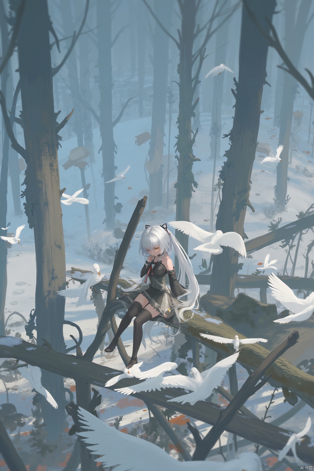 1girl, bird, solo, long hair, white hair, scenery, thighhighs, sitting, tree, outdoors, looking at viewer, dress, bangs