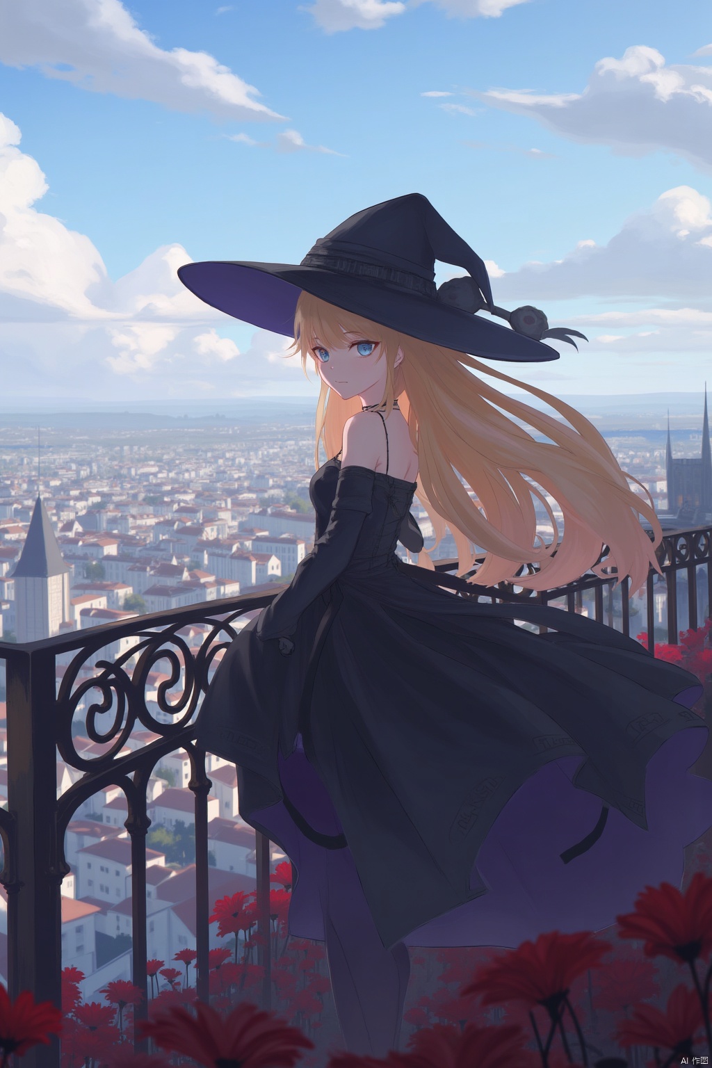  1girl, solo, long hair, hat, blue eyes, dress, witch hat, blonde hair, scenery, outdoors, looking at viewer, cityscape, railing, black dress, flower, looking back, sky, cloud, thighhighs, witch, bangs, bare shoulders, red flower, city, black headwear