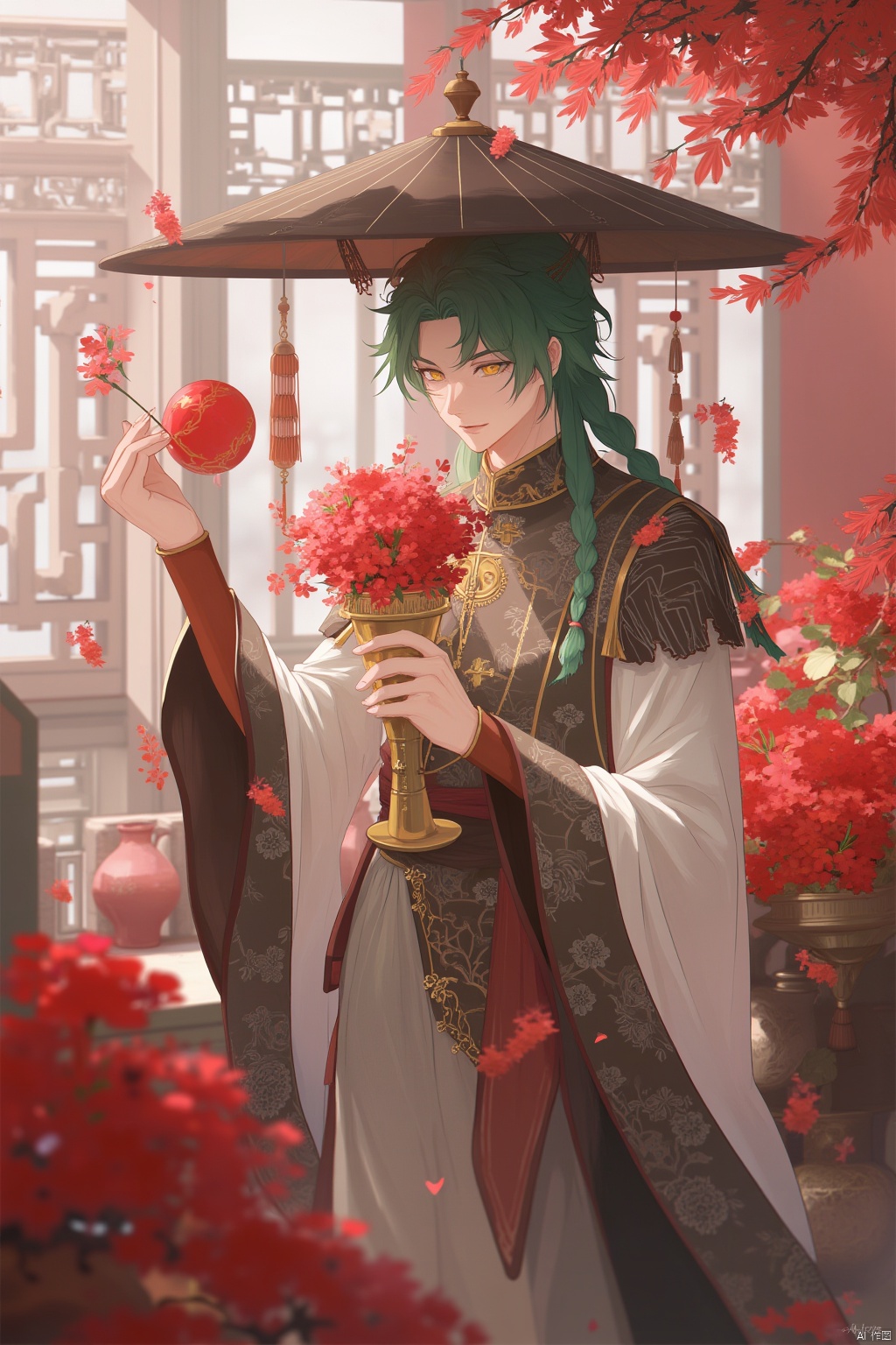 1boy, male focus, flower, long hair, green hair, solo, hat, chinese clothes, red flower, holding, long sleeves, vase, yellow eyes, braid, jewelry