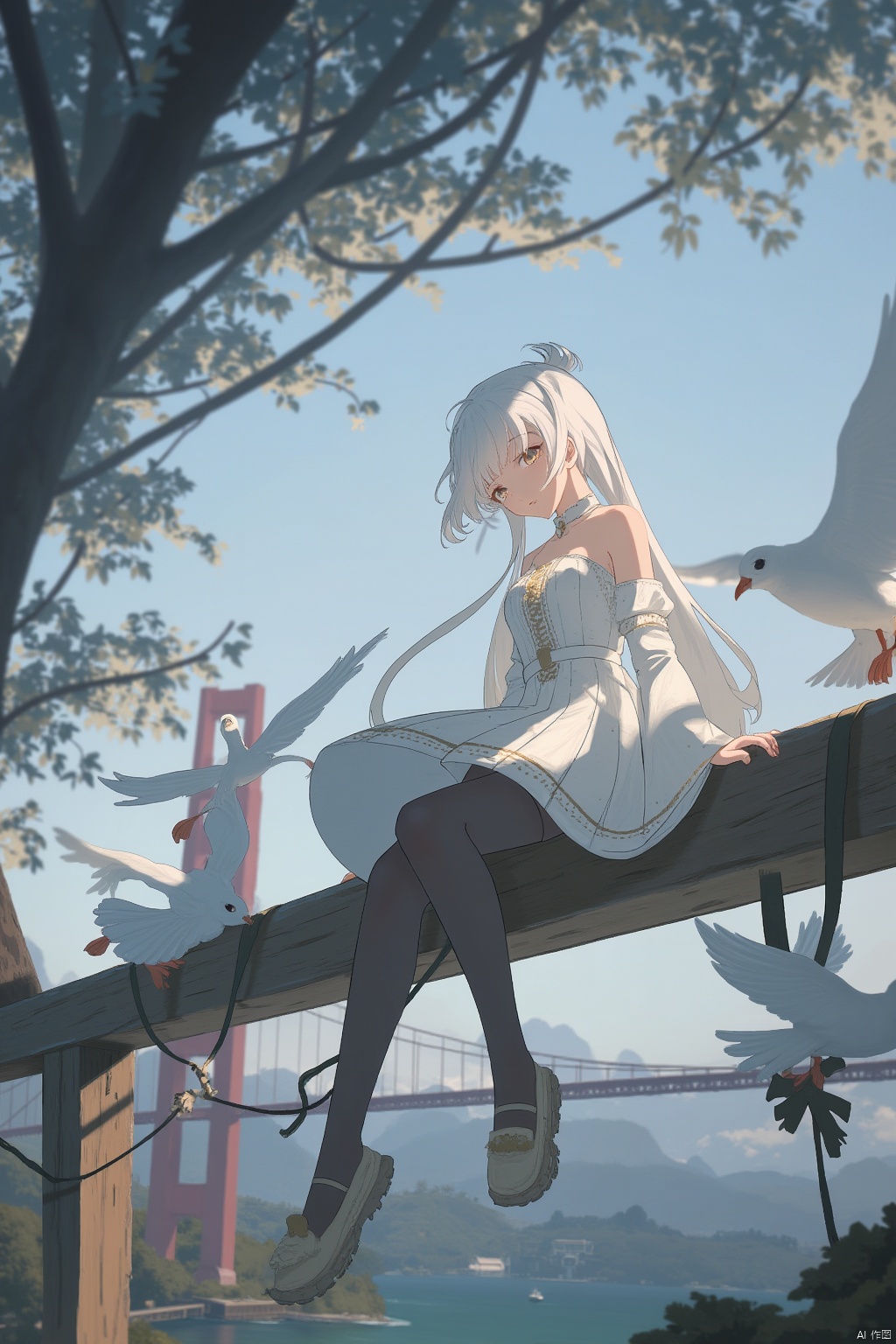 1girl, bird, solo, long hair, white hair, scenery, thighhighs, sitting, tree, outdoors, looking at viewer, dress, bangs