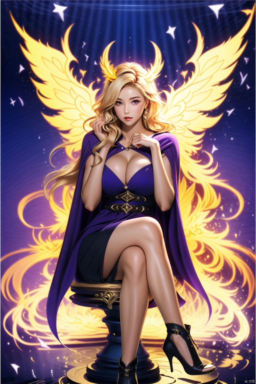 1girl solo long hair breasts looking at viewer blonde hair dress cleavage sitting purple eyes boots cape high heels crossed legs head wings