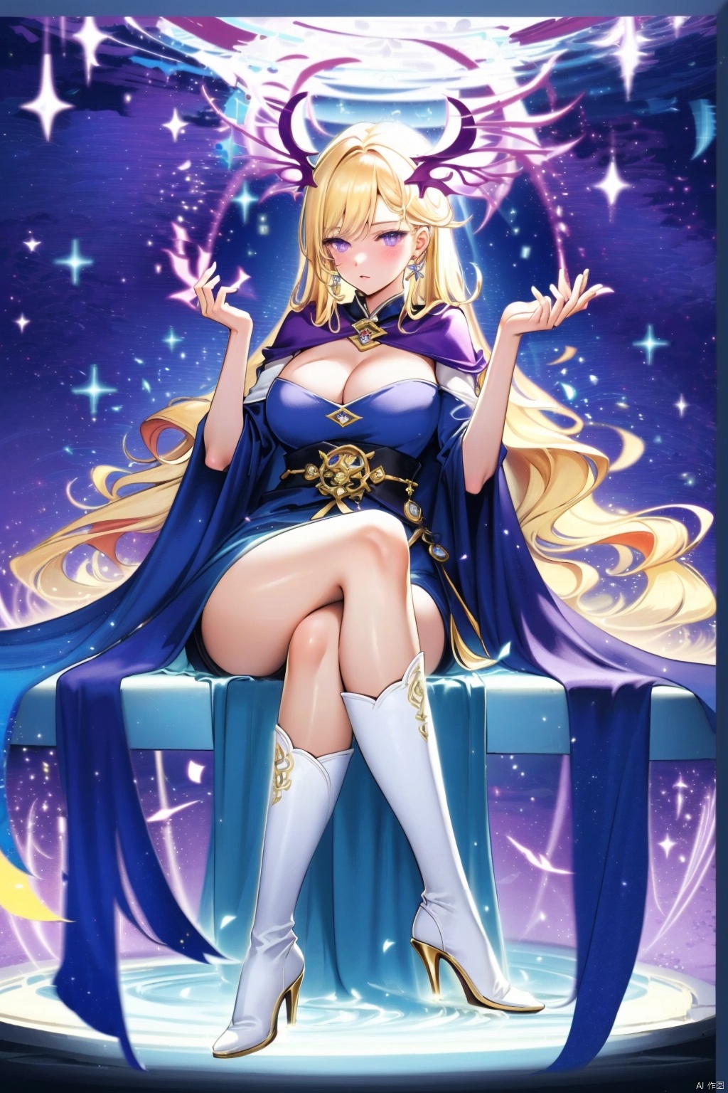 1girl solo long hair breasts looking at viewer blonde hair dress cleavage sitting purple eyes boots cape high heels crossed legs head wings