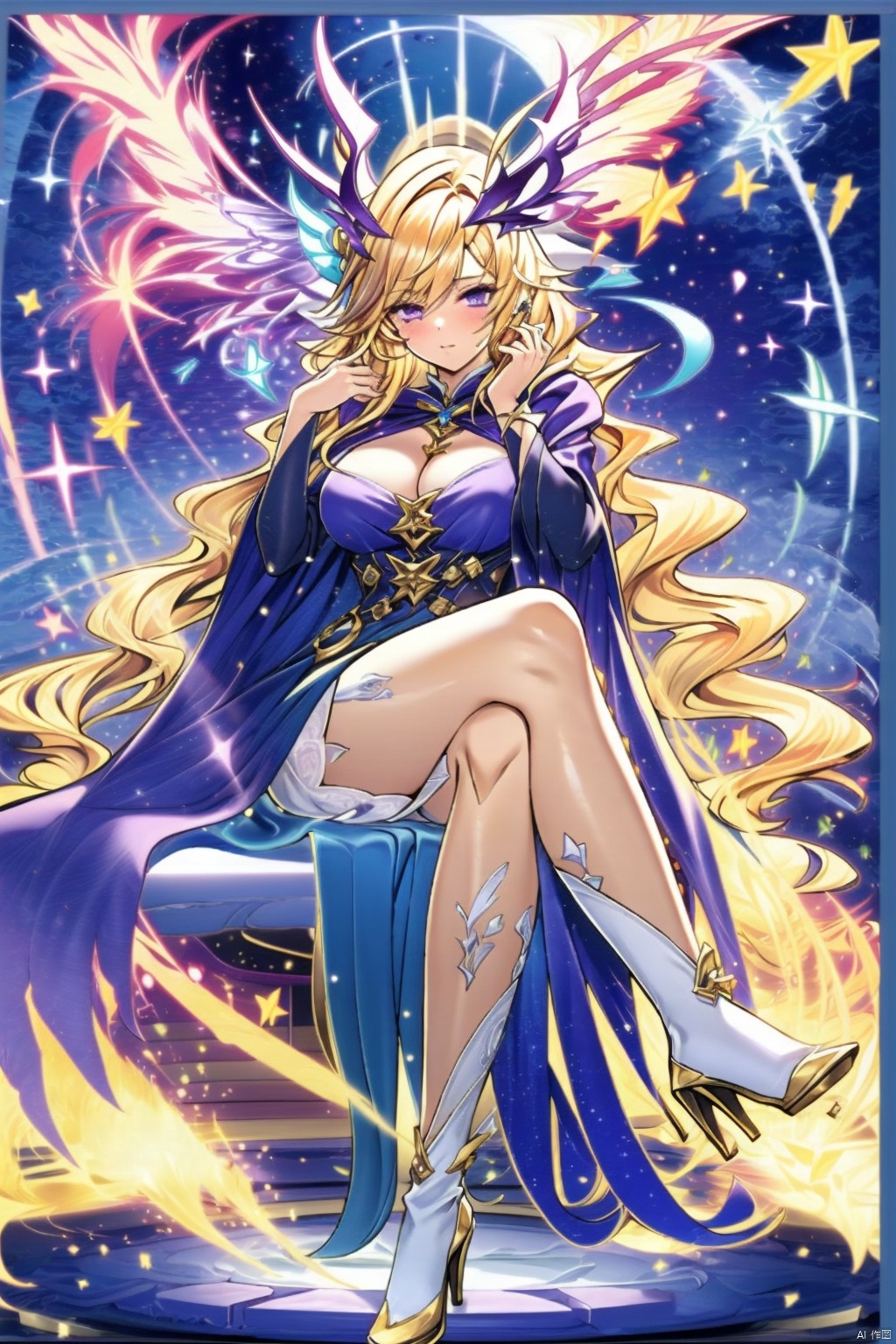 1girl solo long hair breasts looking at viewer blonde hair dress cleavage sitting purple eyes boots cape high heels crossed legs head wings