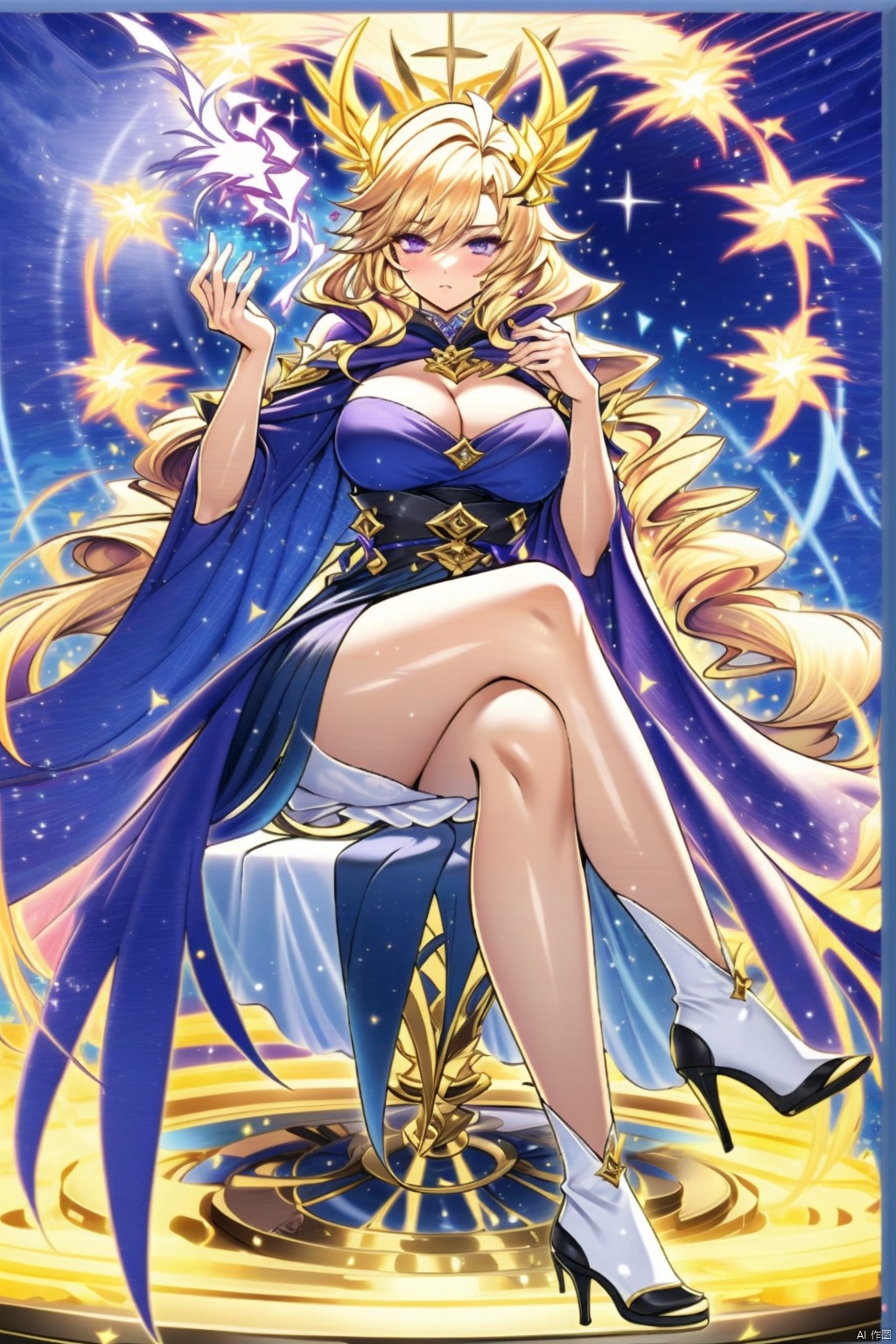 1girl solo long hair breasts looking at viewer blonde hair dress cleavage sitting purple eyes boots cape high heels crossed legs head wings