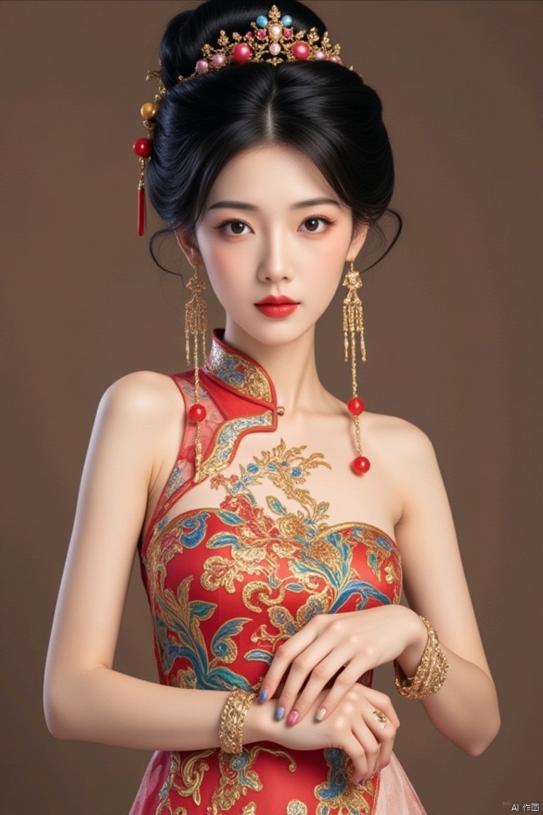 ,1girl, solo, jewelry, earrings, black hair, chinese clothes, looking at viewer, hair bun, upper body, black eyes, single hair bun, dress, red lips, realistic, closed mouth