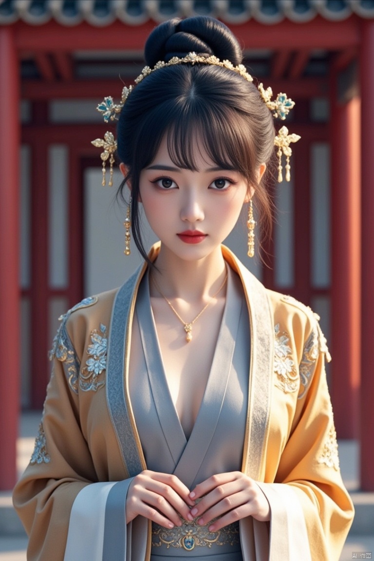 1girl, solo, jewelry, earrings, black hair, hair ornament, looking at viewer, blurry background, black eyes, upper body, chinese clothes, blurry, realistic, dress, architecture