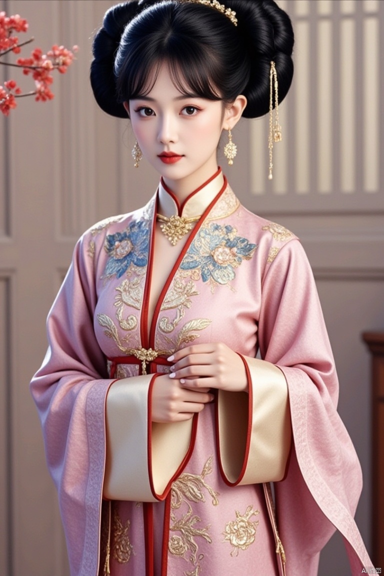 ,1girl, solo, jewelry, earrings, black hair, chinese clothes, looking at viewer, hair bun, upper body, black eyes, single hair bun, dress, red lips, realistic, closed mouth