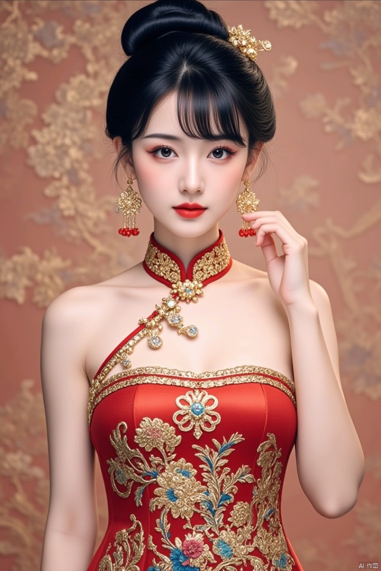 ,1girl, solo, jewelry, earrings, black hair, chinese clothes, looking at viewer, hair bun, upper body, black eyes, single hair bun, dress, red lips, realistic, closed mouth