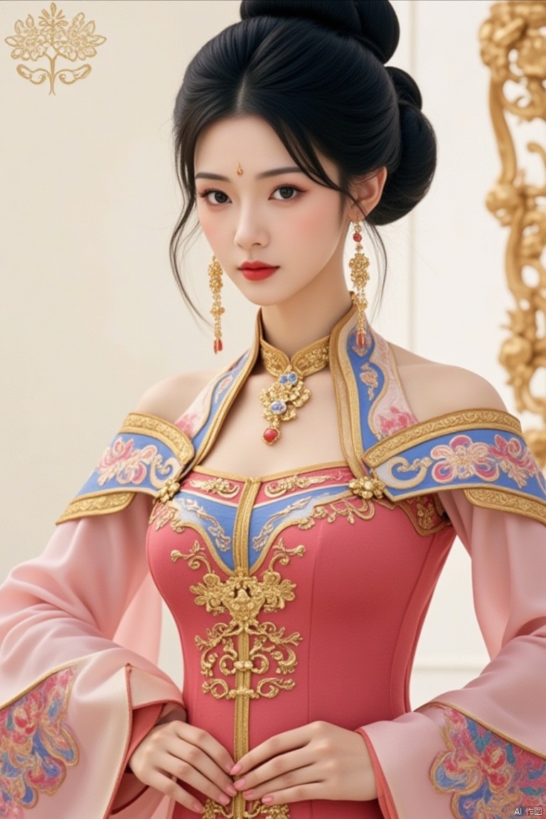 ,1girl, solo, jewelry, earrings, black hair, chinese clothes, looking at viewer, hair bun, upper body, black eyes, single hair bun, dress, red lips, realistic, closed mouth