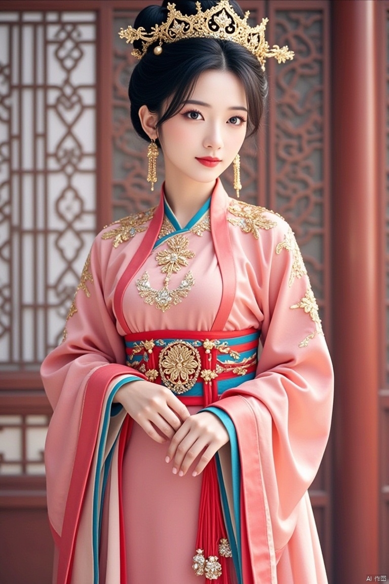 ,1girl, solo, jewelry, earrings, black hair, chinese clothes, looking at viewer, hair bun, upper body, black eyes, single hair bun, dress, red lips, realistic, closed mouth