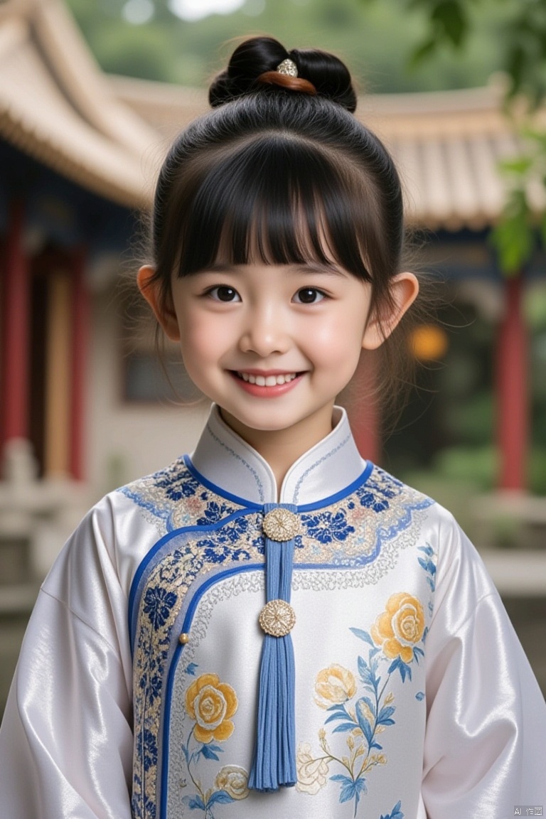 1girl, solo, smile, chinese clothes, architecture, realistic, east asian architecture, looking at viewer, black hair, upper body, bangs, black eyes, hair bun, hair ornament, lips, dress, brown hair, teeth, outdoors