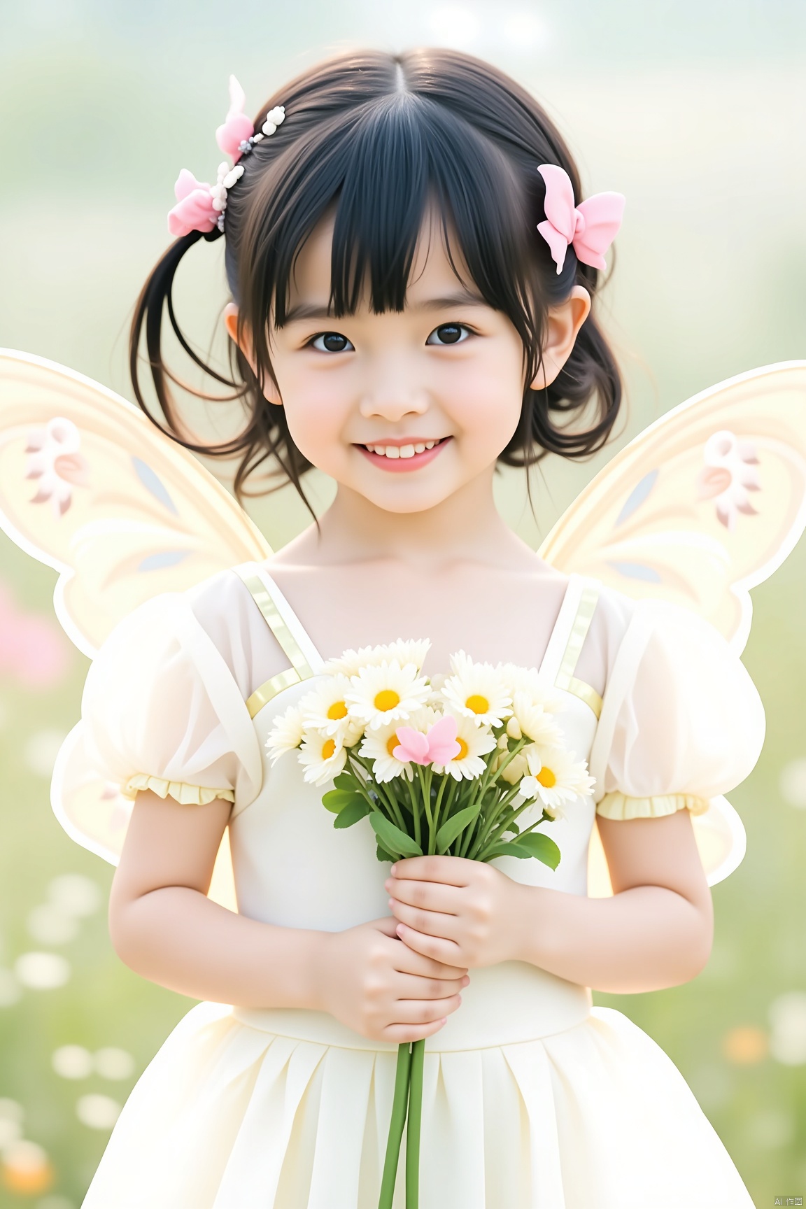 1girl, flower, wings, solo, dress, fairy, black hair, fairy wings, hair ornament, holding, holding flower, blurry background, blurry, hair flower, smile, white dress, looking at viewer, bouquet, short sleeves, puffy sleeves, short hair, butterfly wings, puffy short sleeves, holding bouquet