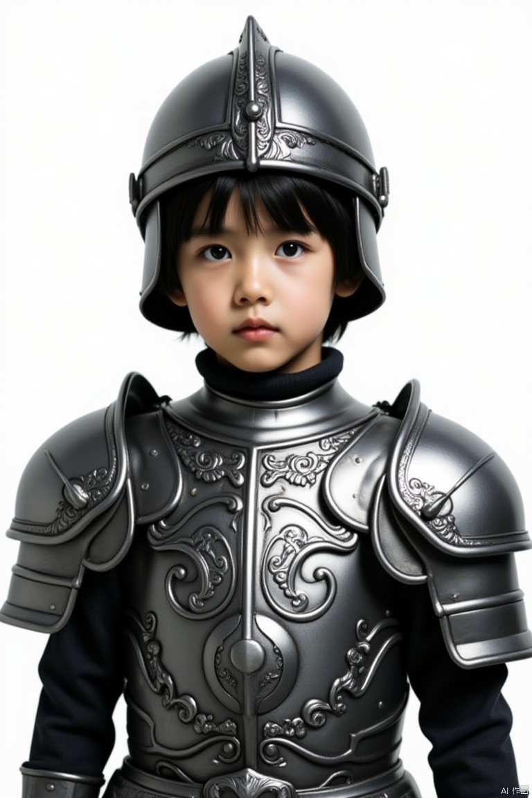 solo, armor, helmet, black eyes, black hair, male focus, looking at viewer, 1boy, breastplate, upper body, realistic, closed mouth, lips, simple background, shoulder armor, short hair, arms at sides