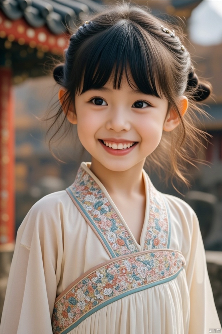 1girl, solo, smile, chinese clothes, architecture, realistic, east asian architecture, looking at viewer, black hair, upper body, bangs, black eyes, hair bun, hair ornament, lips, dress, brown hair, teeth, outdoors