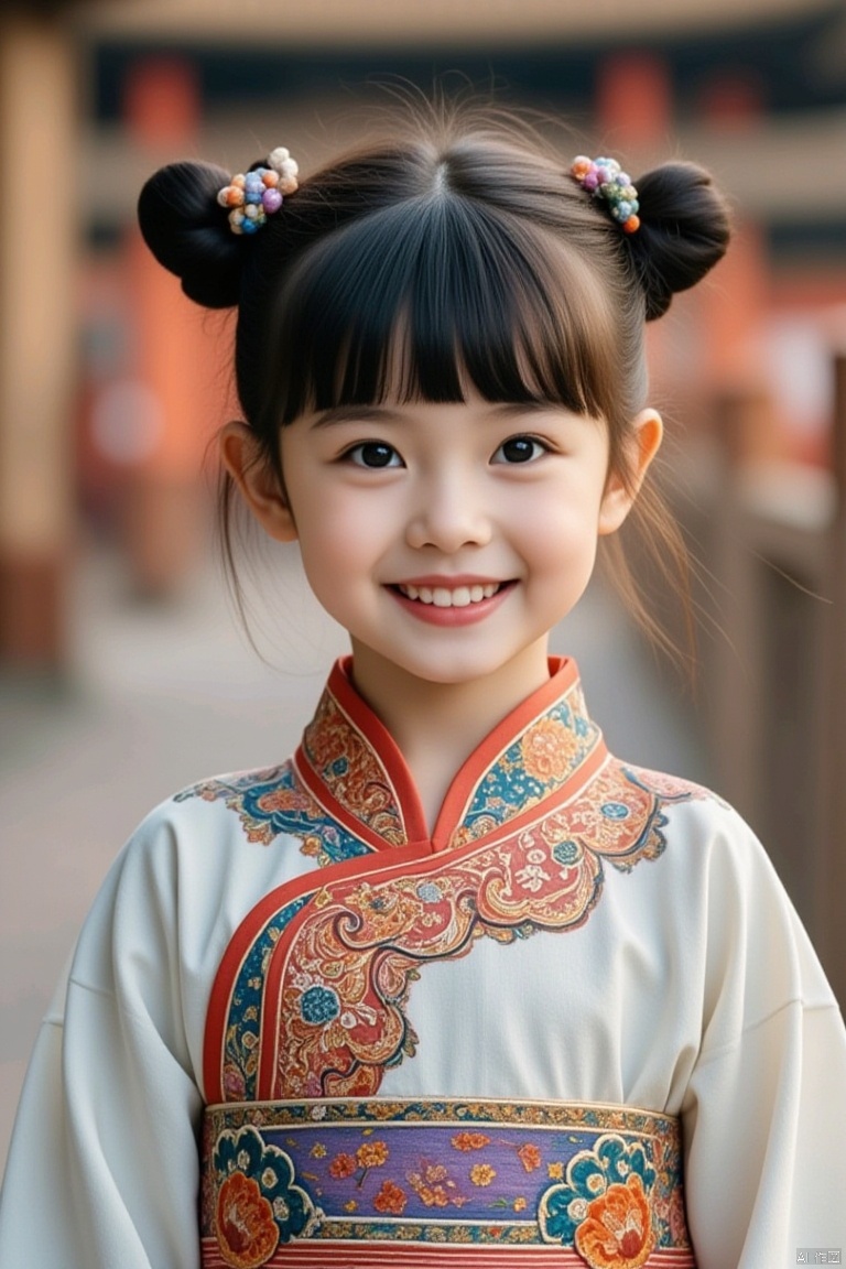 1girl, solo, smile, chinese clothes, architecture, realistic, east asian architecture, looking at viewer, black hair, upper body, bangs, black eyes, hair bun, hair ornament, lips, dress, brown hair, teeth, outdoors