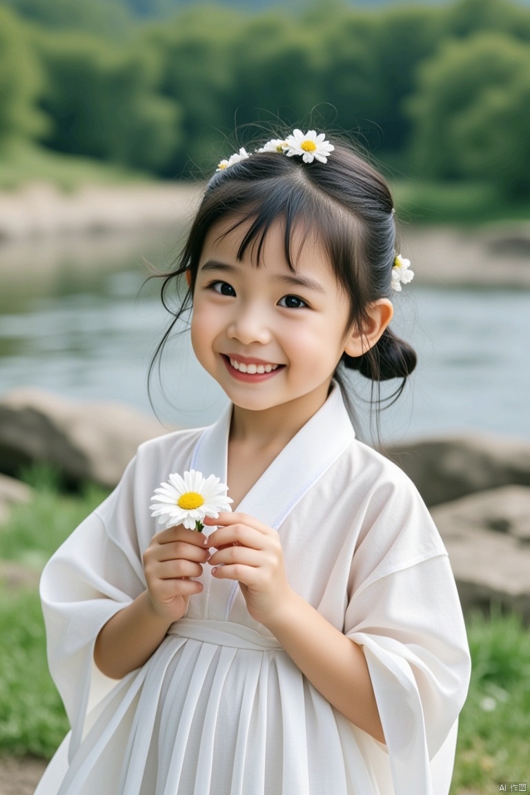 1girl, solo, outdoors, river, flower, hair ornament, smile, hair flower, water, black hair, day, looking at viewer, white flower, korean clothes, blurry, short sleeves, realistic, black eyes, grass, holding, blurry background, teeth, rock