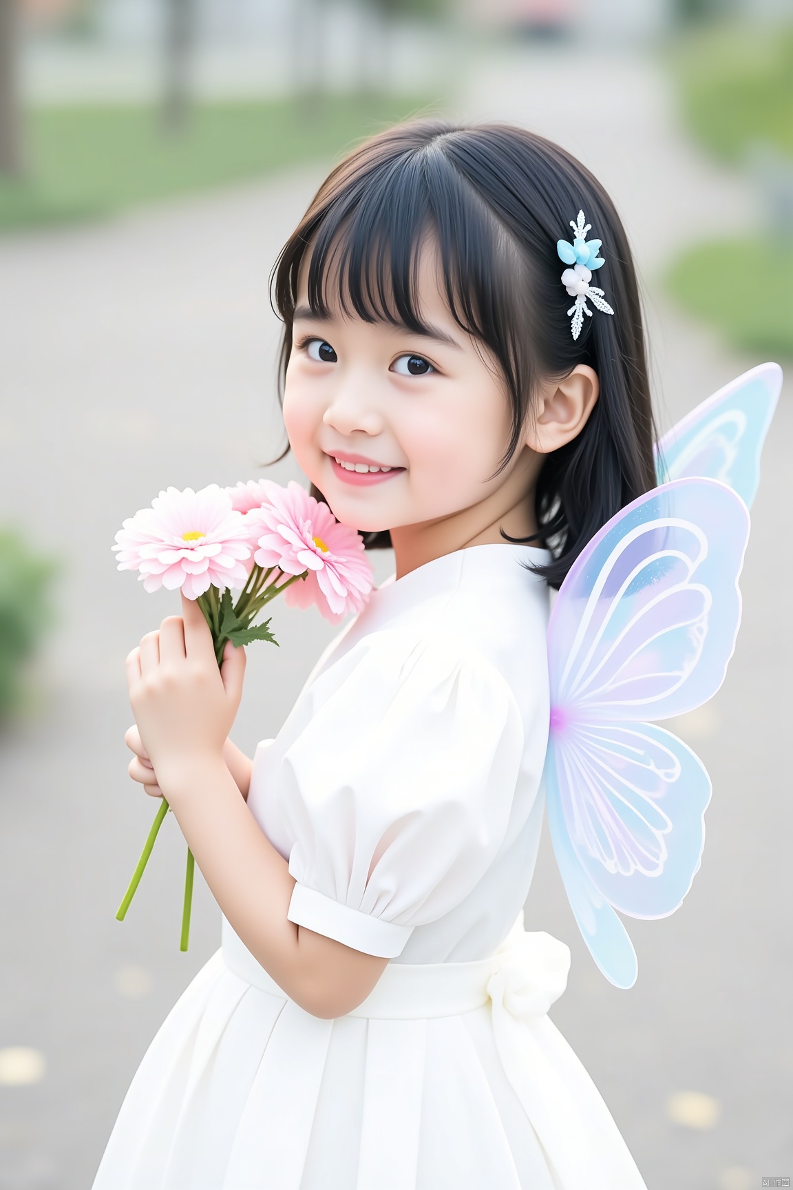 1girl, flower, wings, solo, dress, fairy, black hair, fairy wings, hair ornament, holding, holding flower, blurry background, blurry, hair flower, smile, white dress, looking at viewer, bouquet, short sleeves, puffy sleeves, short hair, butterfly wings, puffy short sleeves, holding bouquet