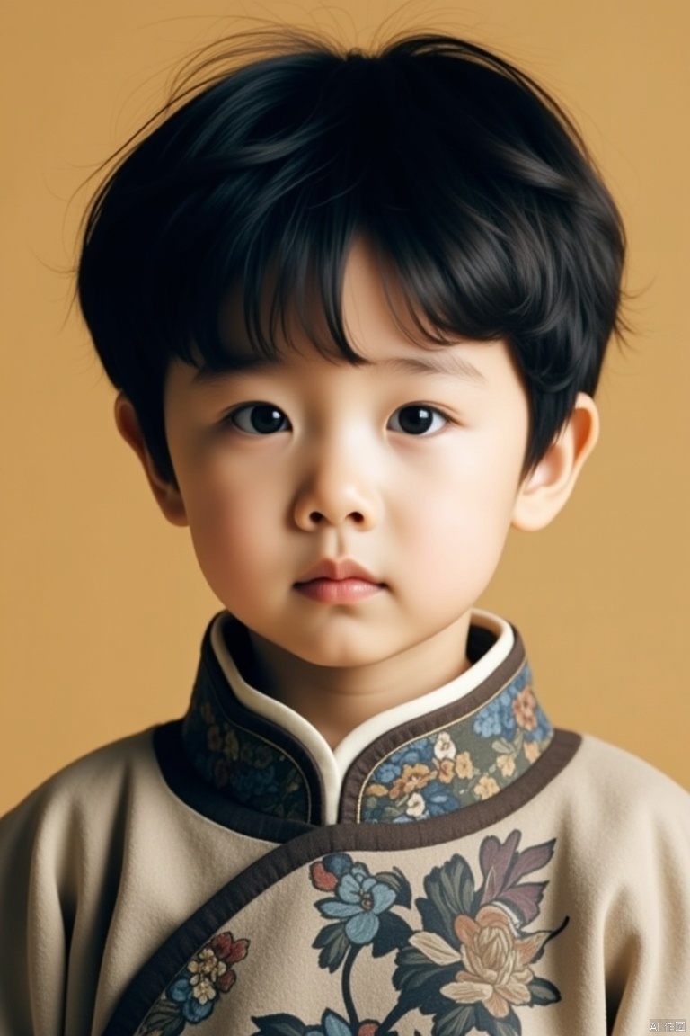 solo, realistic, male focus, black hair, 1boy, simple background, black eyes, male child, looking at viewer, chinese clothes, short hair, upper body, lips, child
