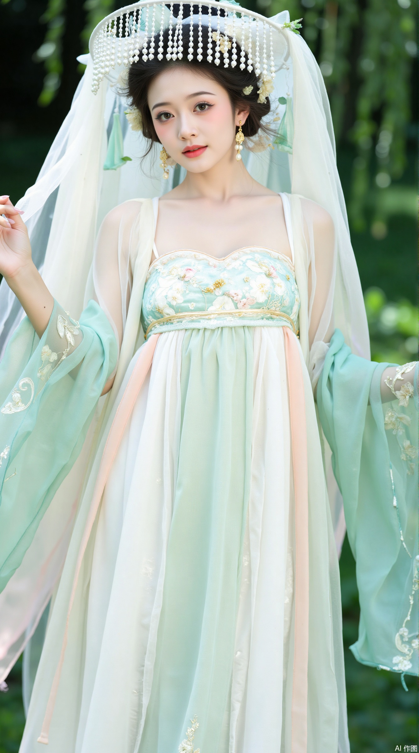 The image is a portrait of a young woman wearing a traditional Chinese wedding dress. She is standing in a garden with greenery in the background. The woman is wearing a long, flowing white dress with a light green and pink color scheme. The dress has a sweetheart neckline and a full skirt that falls to her ankles. The bodice of the dress is decorated with intricate floral patterns and the skirt is made of a sheer, flowing fabric.

The woman is also wearing a large, ornate headpiece with a white veil that cascades over her head. The headpiece is made up of multiple strands of white flowers and leaves, and is adorned with small pearls and crystals. She has dark hair styled in loose waves and is wearing gold earrings and a necklace. Her makeup is subtle and natural-looking, with a hint of pink lipstick on her lips. The overall mood of the image is elegant and romantic.