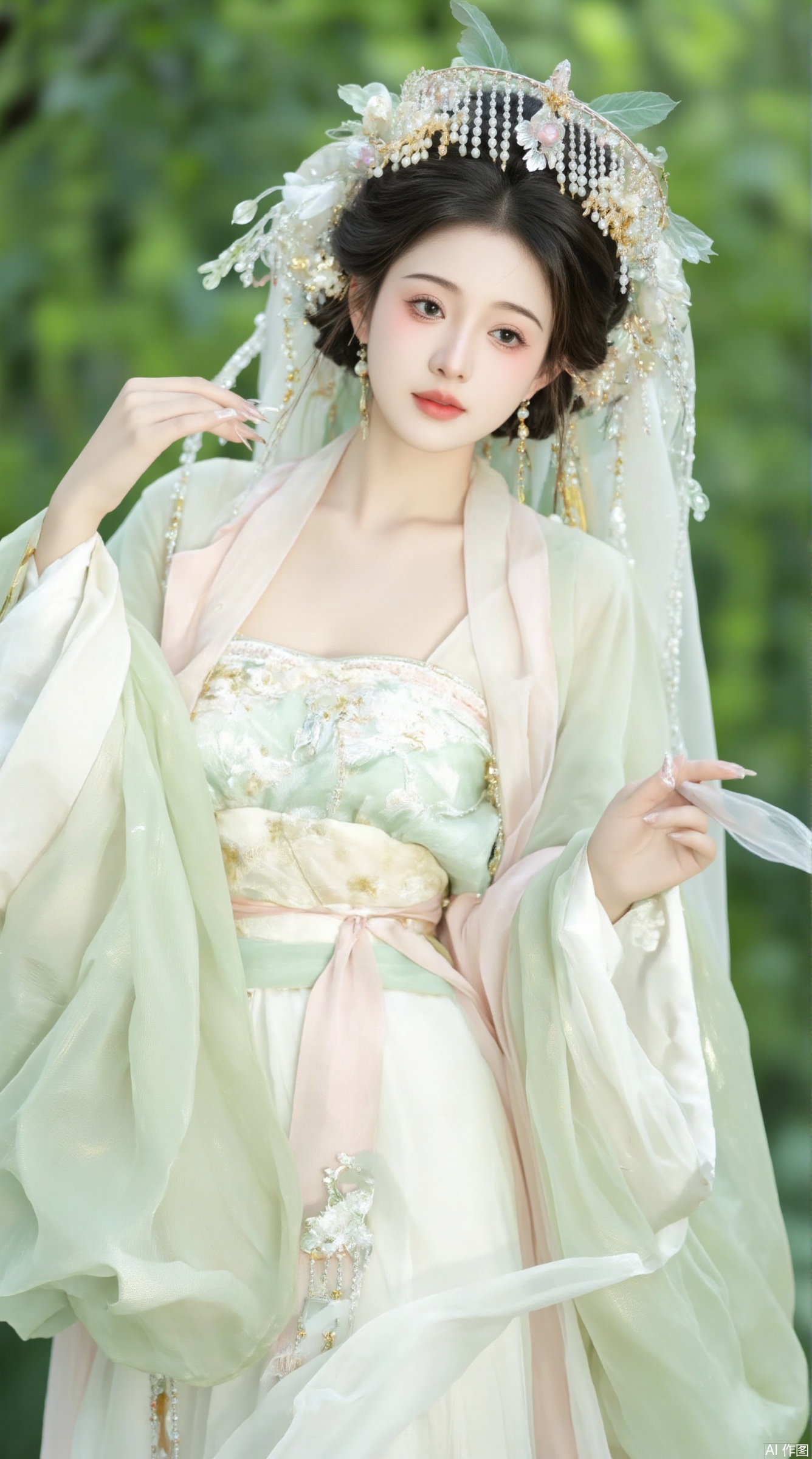 The image is a portrait of a young woman wearing a traditional Chinese wedding dress. She is standing in a garden with greenery in the background. The woman is wearing a long, flowing white dress with a light green and pink color scheme. The dress has a sweetheart neckline and a full skirt that falls to her ankles. The bodice of the dress is decorated with intricate floral patterns and the skirt is made of a sheer, flowing fabric.

The woman is also wearing a large, ornate headpiece with a white veil that cascades over her head. The headpiece is made up of multiple strands of white flowers and leaves, and is adorned with small pearls and crystals. She has dark hair styled in loose waves and is wearing gold earrings and a necklace. Her makeup is subtle and natural-looking, with a hint of pink lipstick on her lips. The overall mood of the image is elegant and romantic.