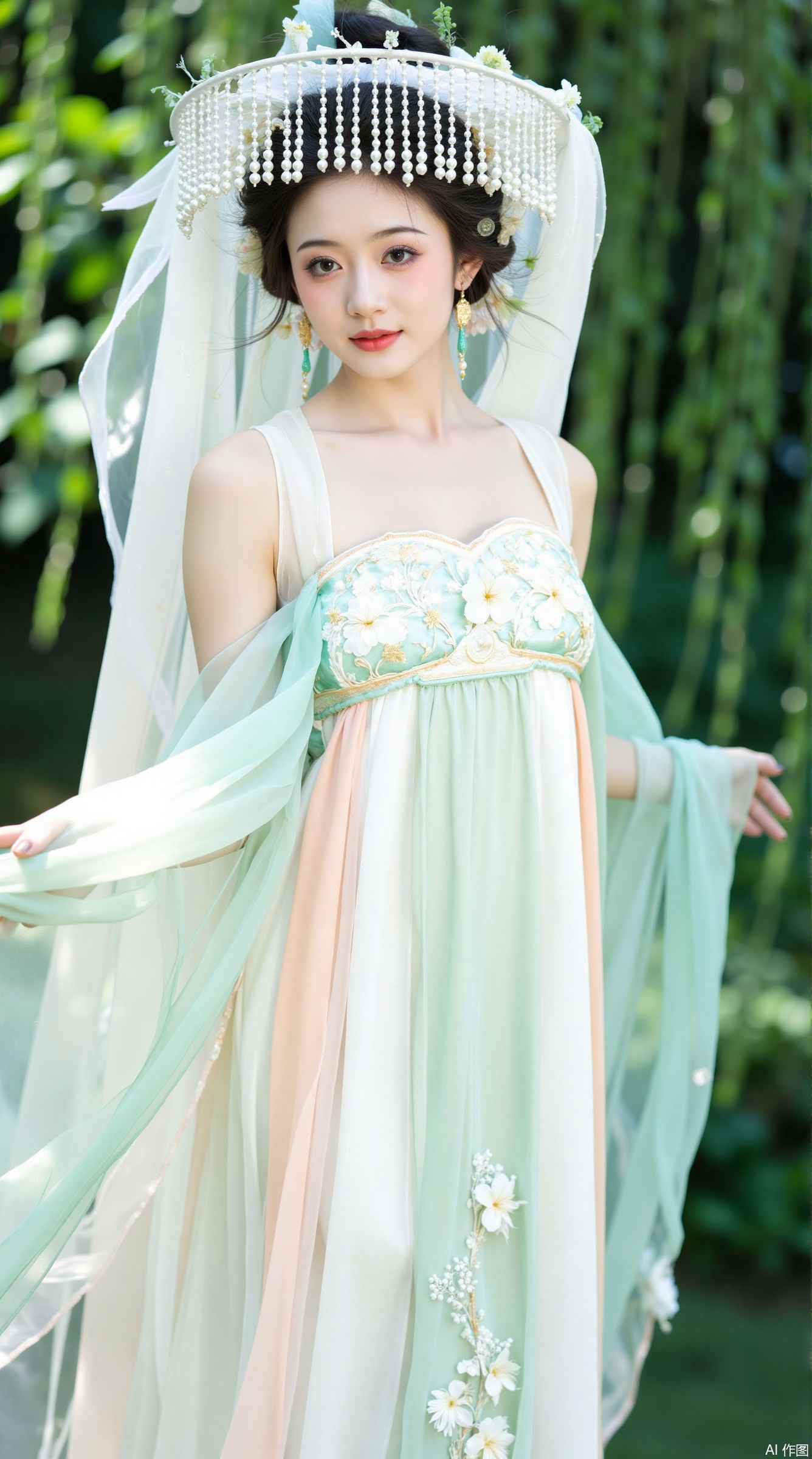 The image is a portrait of a young woman wearing a traditional Chinese wedding dress. She is standing in a garden with greenery in the background. The woman is wearing a long, flowing white dress with a light green and pink color scheme. The dress has a sweetheart neckline and a full skirt that falls to her ankles. The bodice of the dress is decorated with intricate floral patterns and the skirt is made of a sheer, flowing fabric.

The woman is also wearing a large, ornate headpiece with a white veil that cascades over her head. The headpiece is made up of multiple strands of white flowers and leaves, and is adorned with small pearls and crystals. She has dark hair styled in loose waves and is wearing gold earrings and a necklace. Her makeup is subtle and natural-looking, with a hint of pink lipstick on her lips. The overall mood of the image is elegant and romantic.