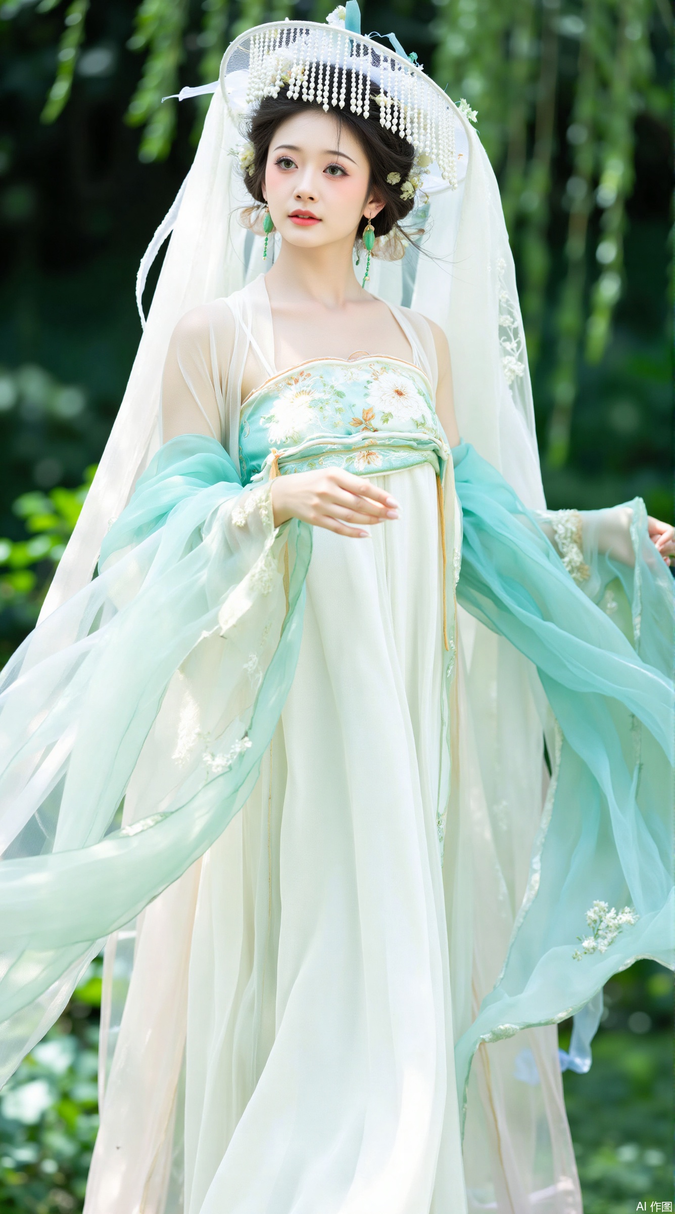 The image is a portrait of a young woman wearing a traditional Chinese wedding dress. She is standing in a garden with greenery in the background. The woman is wearing a long, flowing white dress with a blue and green floral pattern on the bodice and skirt. The dress has a high neckline and long sleeves, and the skirt is flowing in the wind. She has a white veil covering her head, which is tied in a bow at the top. Her hair is styled in an updo with a flower crown on top, and she is looking off to the side with a serious expression on her face. The overall mood of the image is elegant and romantic.