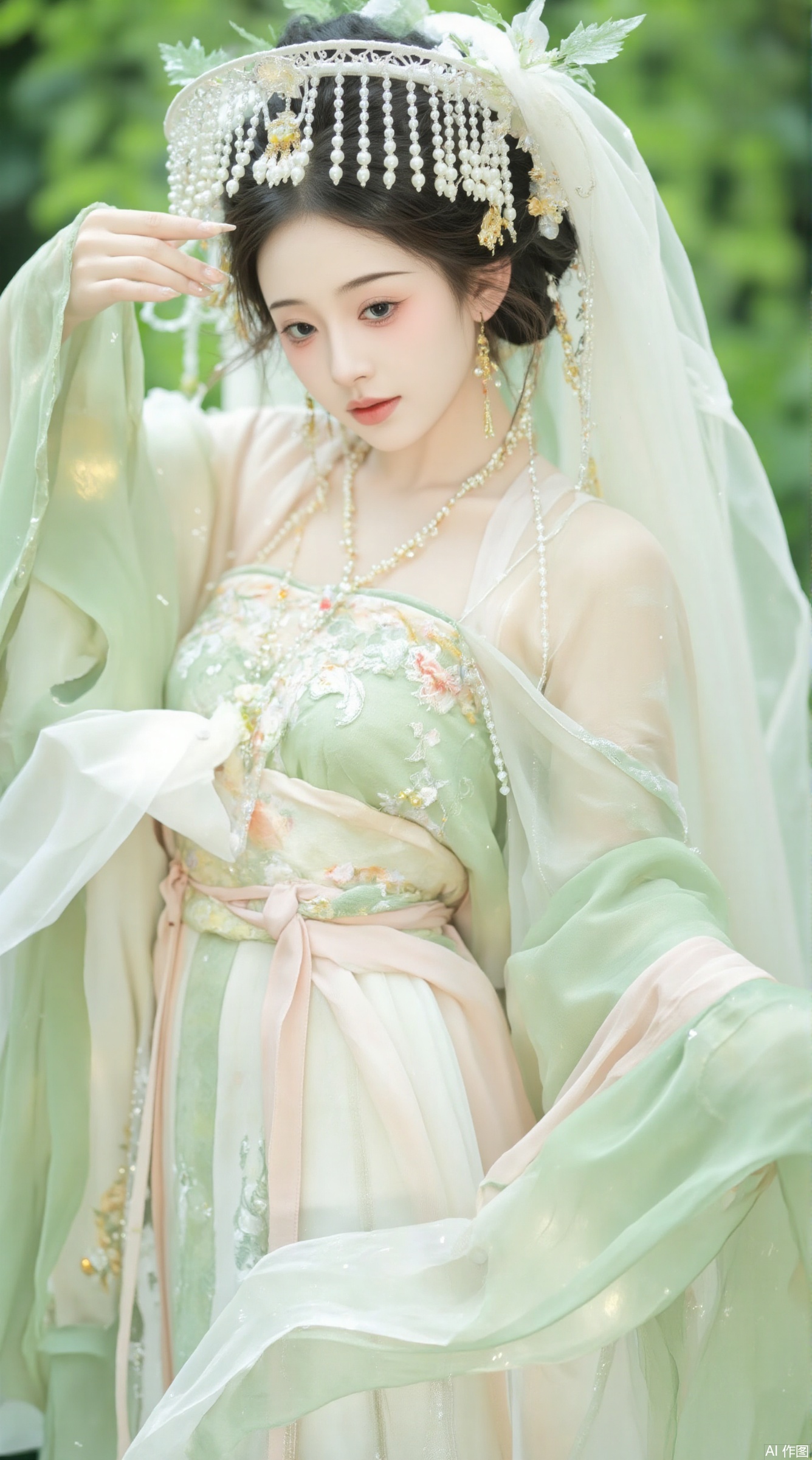 The image is a portrait of a young woman wearing a traditional Chinese wedding dress. She is standing in a garden with greenery in the background. The woman is wearing a long, flowing white dress with a light green and pink color scheme. The dress has a sweetheart neckline and a full skirt that falls to her ankles. The bodice of the dress is decorated with intricate floral patterns and the skirt is made of a sheer, flowing fabric.

The woman is also wearing a large, ornate headpiece with a white veil that cascades over her head. The headpiece is made up of multiple strands of white flowers and leaves, and is adorned with small pearls and crystals. She has dark hair styled in loose waves and is wearing gold earrings and a necklace. Her makeup is subtle and natural-looking, with a hint of pink lipstick on her lips. The overall mood of the image is elegant and romantic.