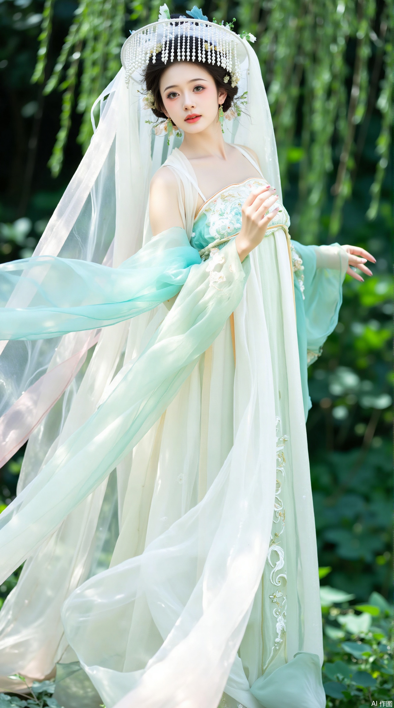 The image is a portrait of a young woman wearing a traditional Chinese wedding dress. She is standing in a garden with greenery in the background. The woman is wearing a long, flowing white dress with a blue and green floral pattern on the bodice and skirt. The dress has a high neckline and long sleeves, and the skirt is flowing in the wind. She has a white veil covering her head, which is tied in a bow at the top. Her hair is styled in an updo with a flower crown on top, and she is looking off to the side with a serious expression on her face. The overall mood of the image is elegant and romantic.