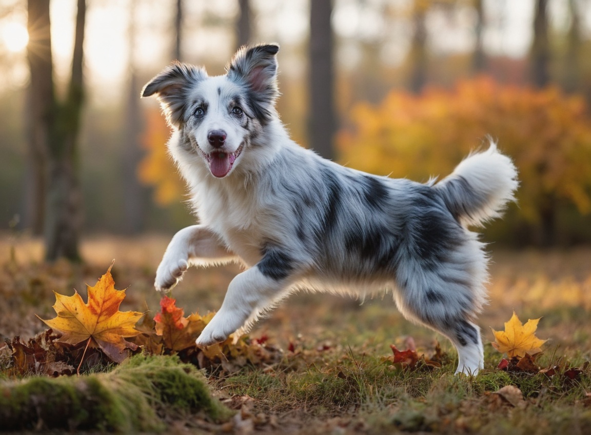 Under the radiant canopy of a mystical autumn forest,  a blue-merle border collie soars through the air with unbridled joy...