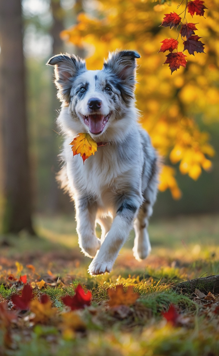 Under the radiant canopy of a mystical autumn forest,  a blue-merle border collie soars through the air with unbridled joy...