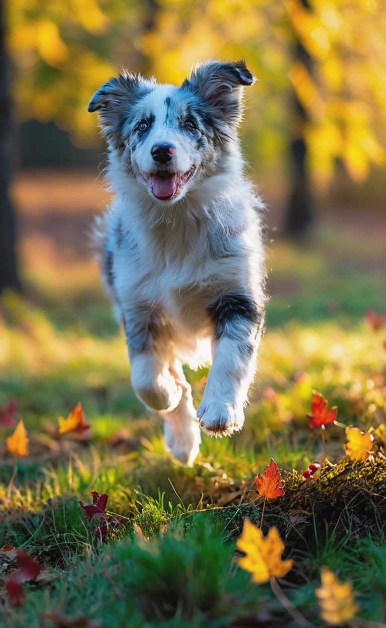 Under the radiant canopy of a mystical autumn forest,  a blue-merle border collie puppy soars through the air with unbridl...