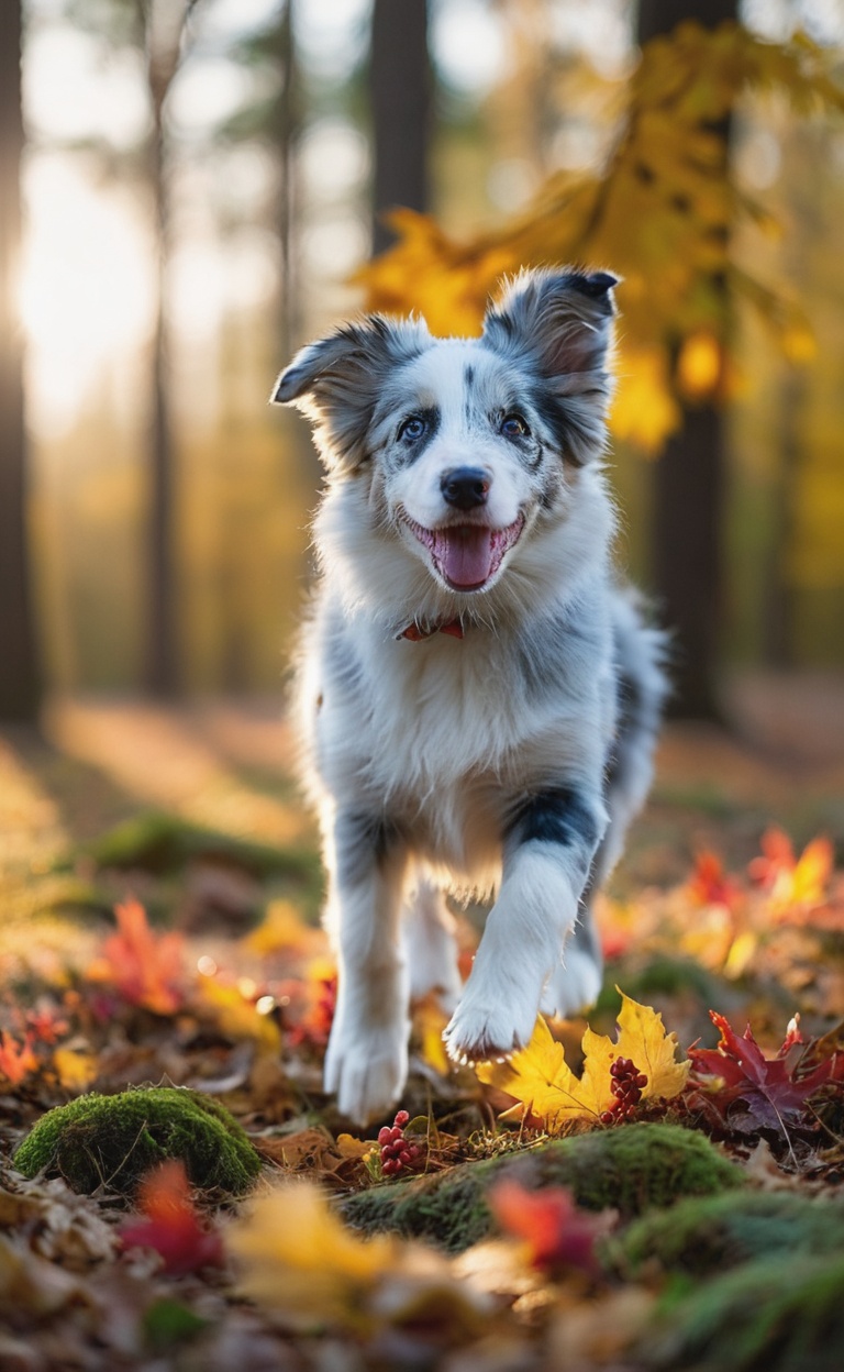 Under the radiant canopy of a mystical autumn forest,  a blue-merle border collie soars through the air with unbridled joy...