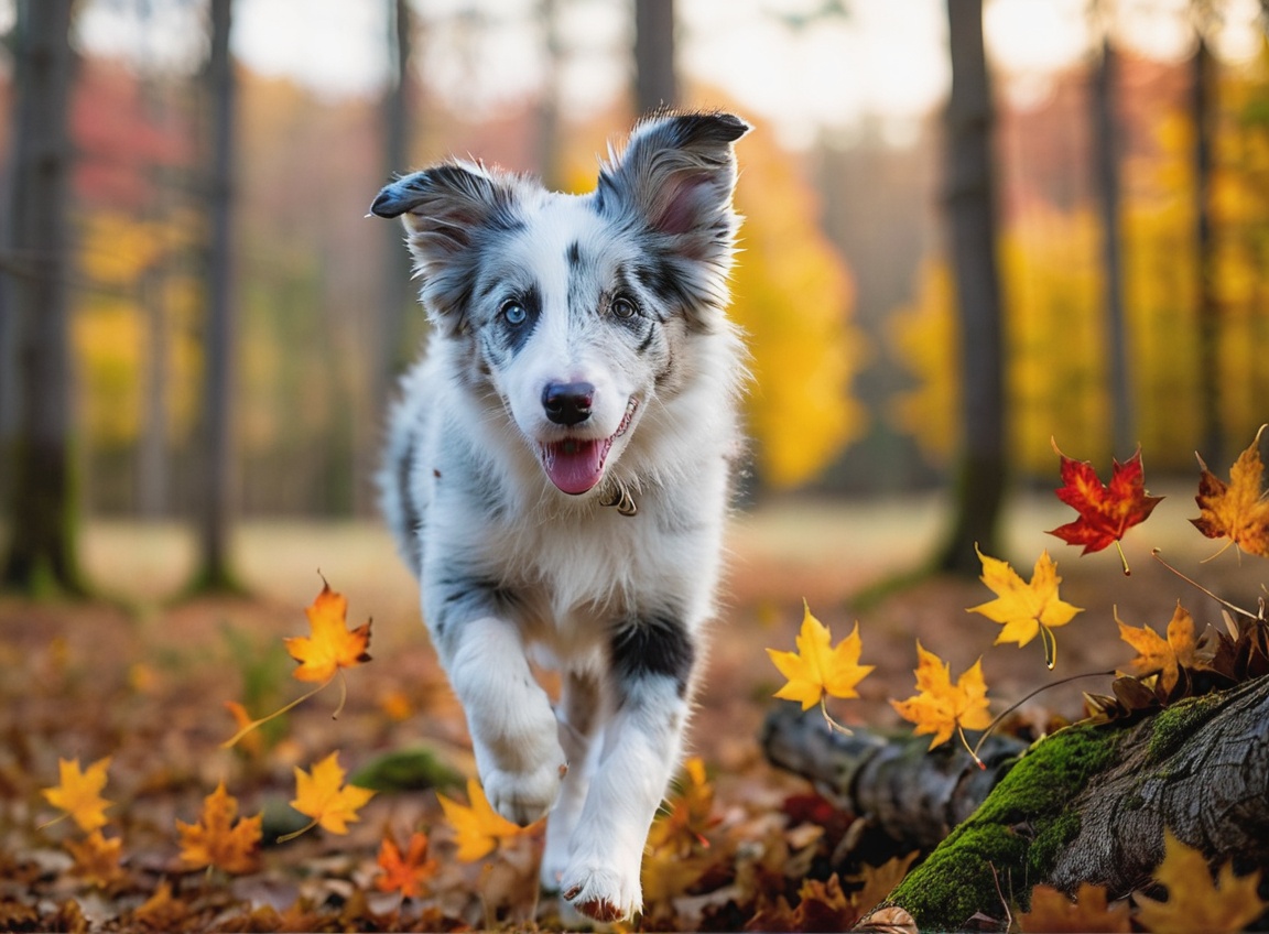 Under the radiant canopy of a mystical autumn forest,  a blue-merle border collie soars through the air with unbridled joy...
