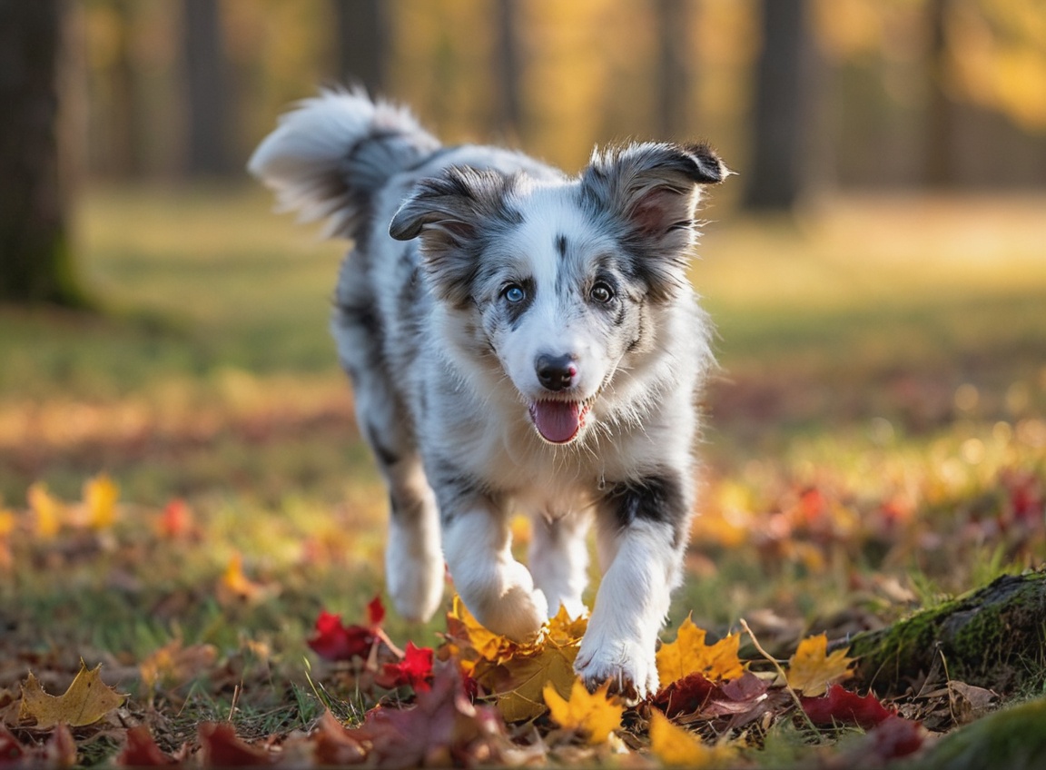 Under the radiant canopy of a mystical autumn forest,  a blue-merle border collie soars through the air with unbridled joy...