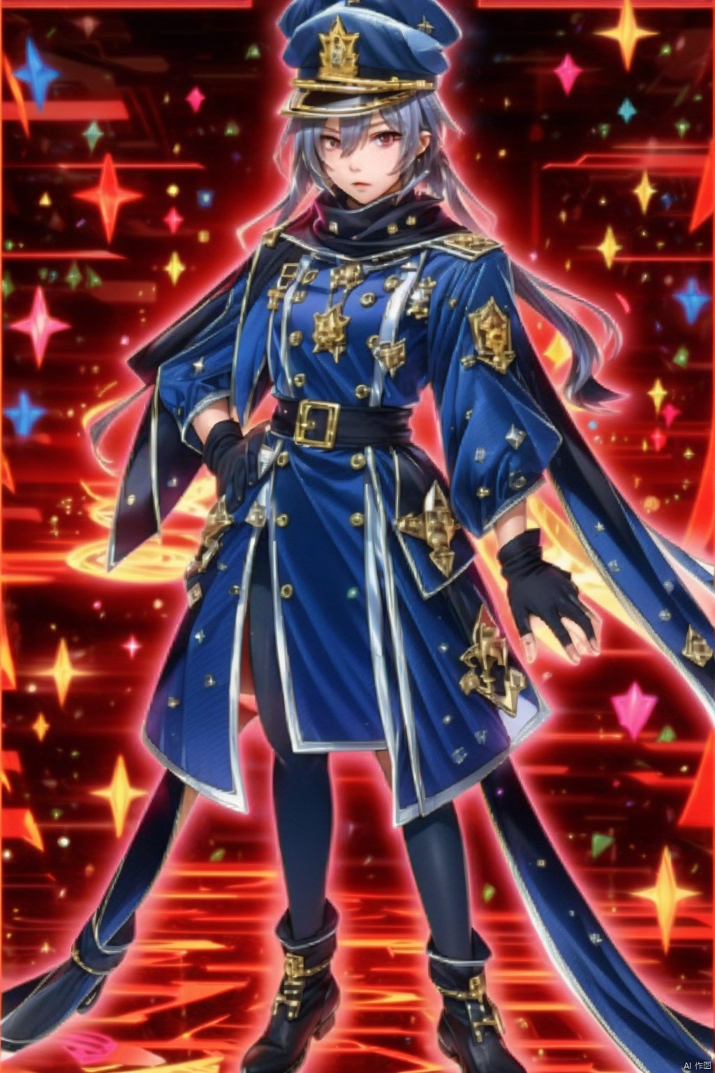 1girl
solo
long hair
looking at viewer
red eyes
gloves
long sleeves
hat
hair between eyes
twintails
standing
full body
grey hair
pantyhose
boots
black gloves
scarf
black footwear
black pantyhose
black headwear
peaked cap
military hat
black scarf