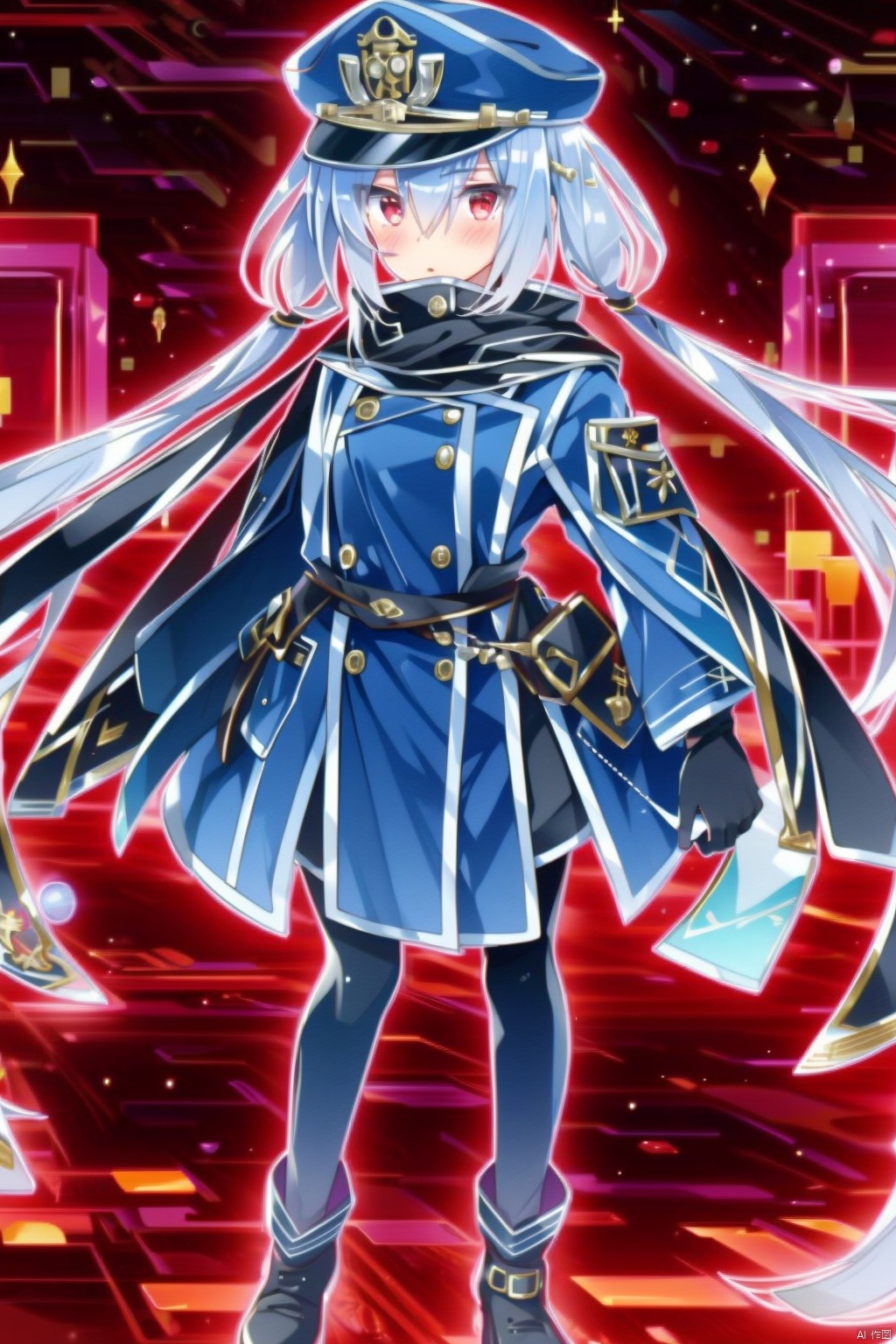 1girl
solo
long hair
looking at viewer
red eyes
gloves
long sleeves
hat
hair between eyes
twintails
standing
full body
grey hair
pantyhose
boots
black gloves
scarf
black footwear
black pantyhose
black headwear
peaked cap
military hat
black scarf